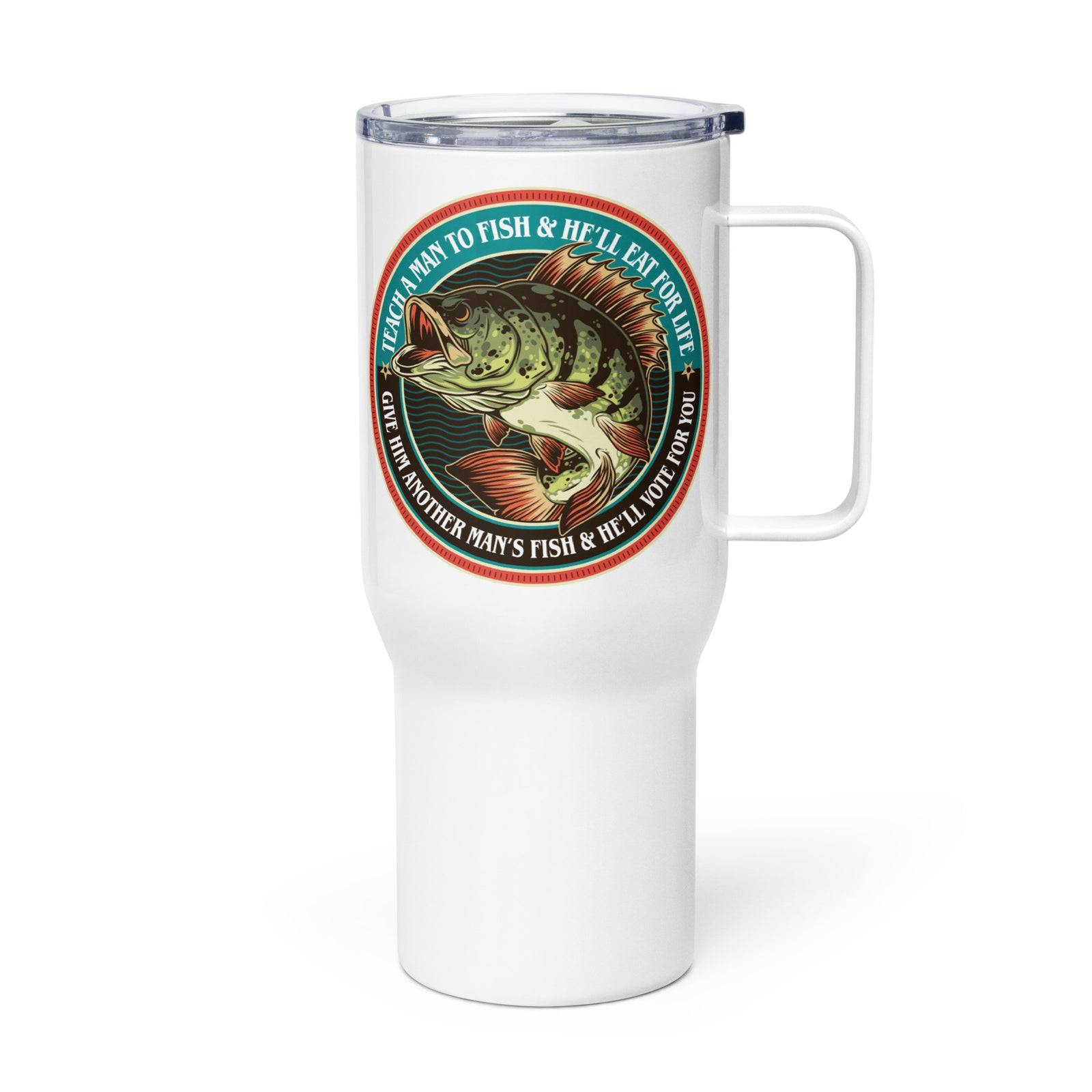 Teach a Man To Fishg Travel mug with a handle