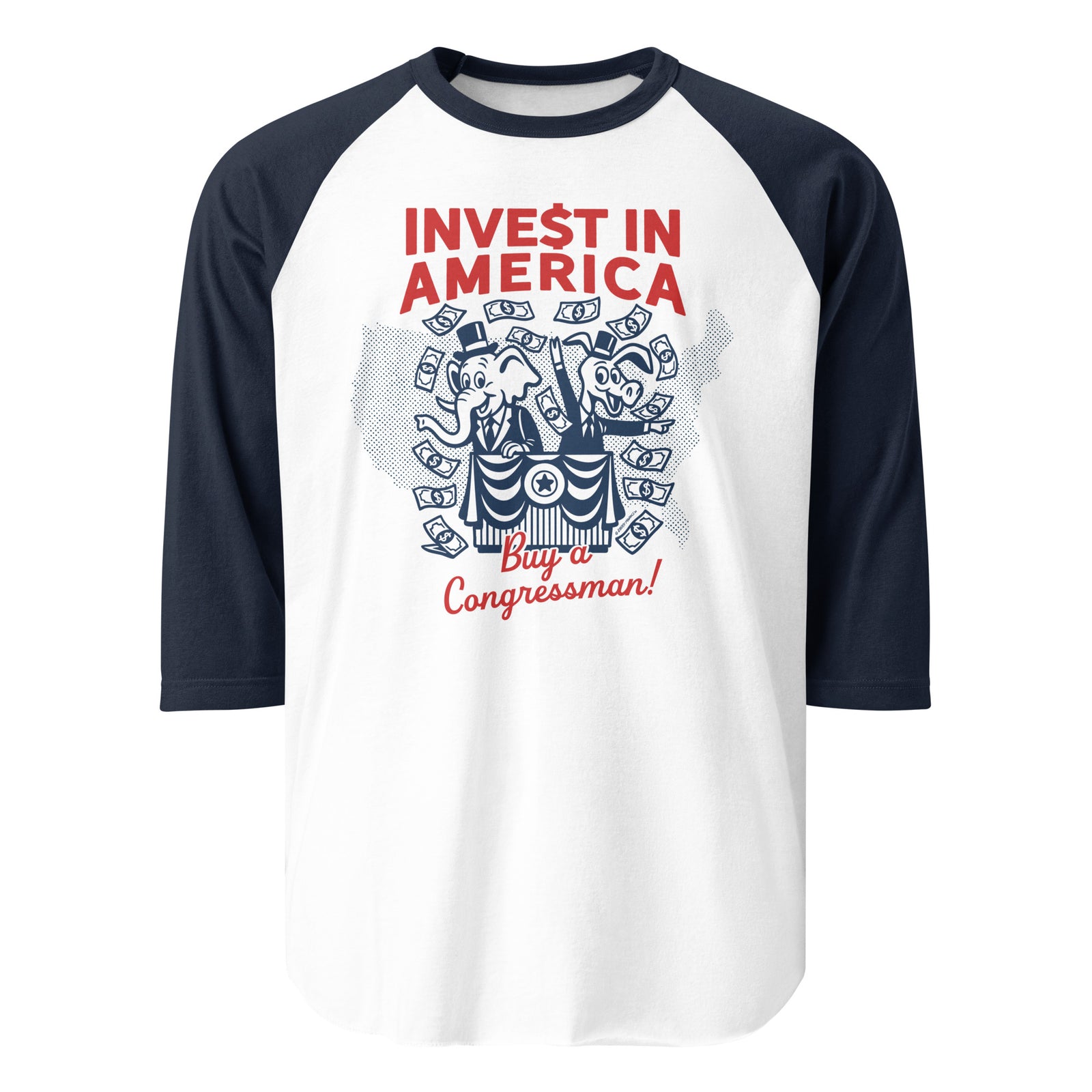 Navy and white baseball shirt with 'Invest in America' and 'Buy a Congressman!' text on a white background