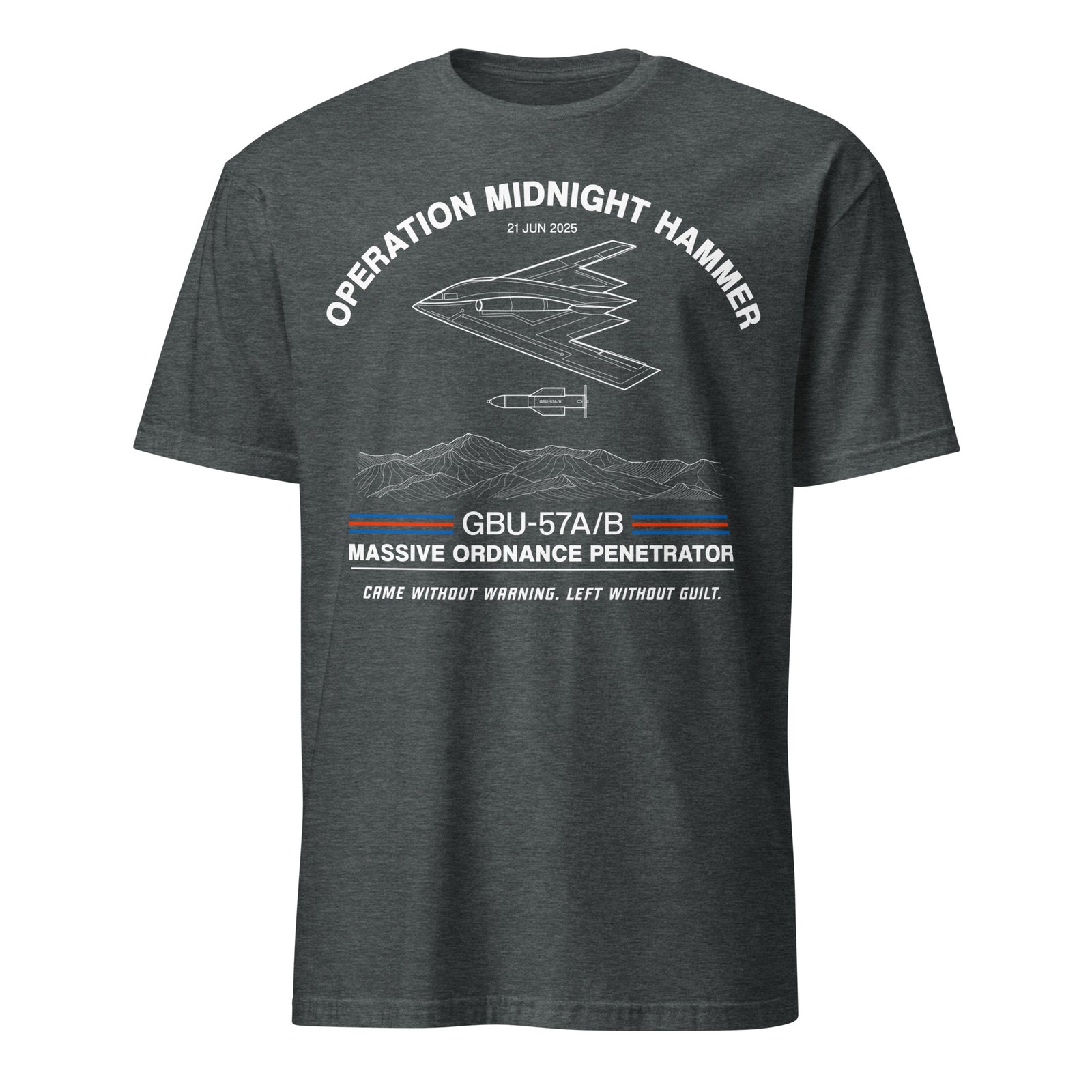 Dark gray t-shirt with military-themed graphic and text on a white background