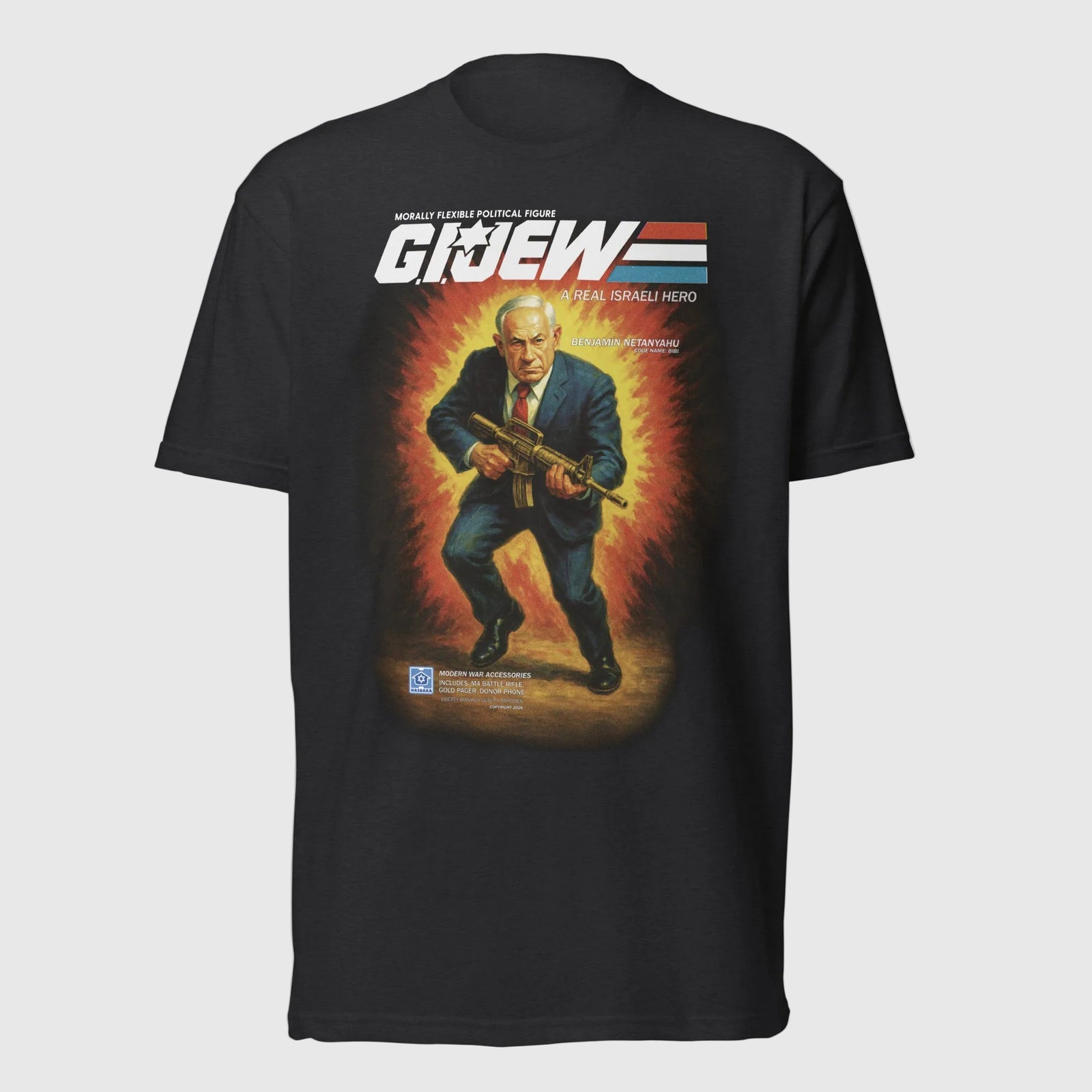 Black t-shirt with a graphic design of a man in a suit holding a rifle, with 'G.I. Joe' text above.