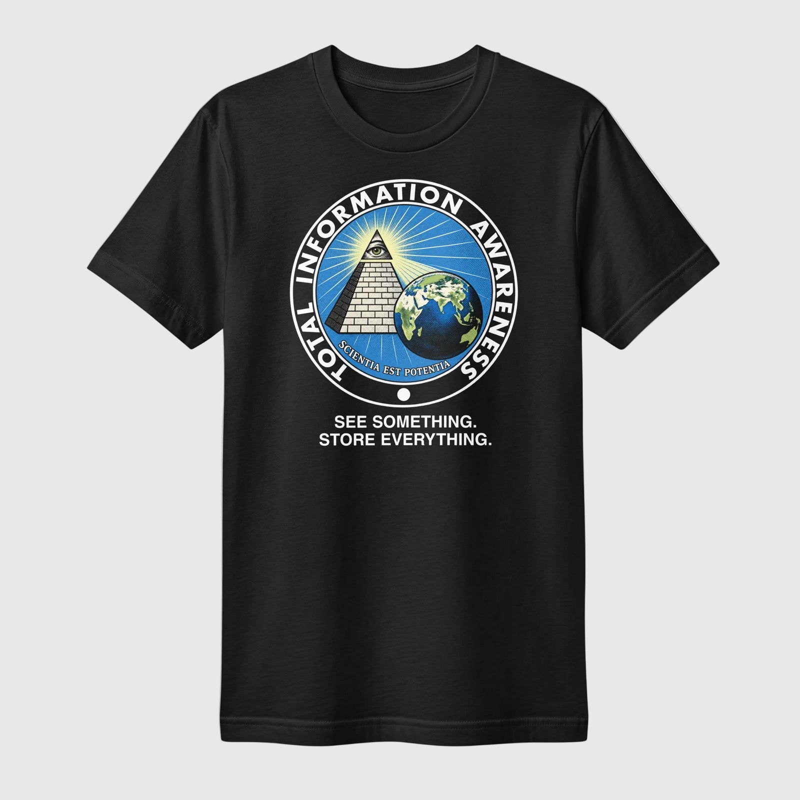 Black Total Information Awareness Program T-shirt front with all-seeing-eye surveillance parody graphic