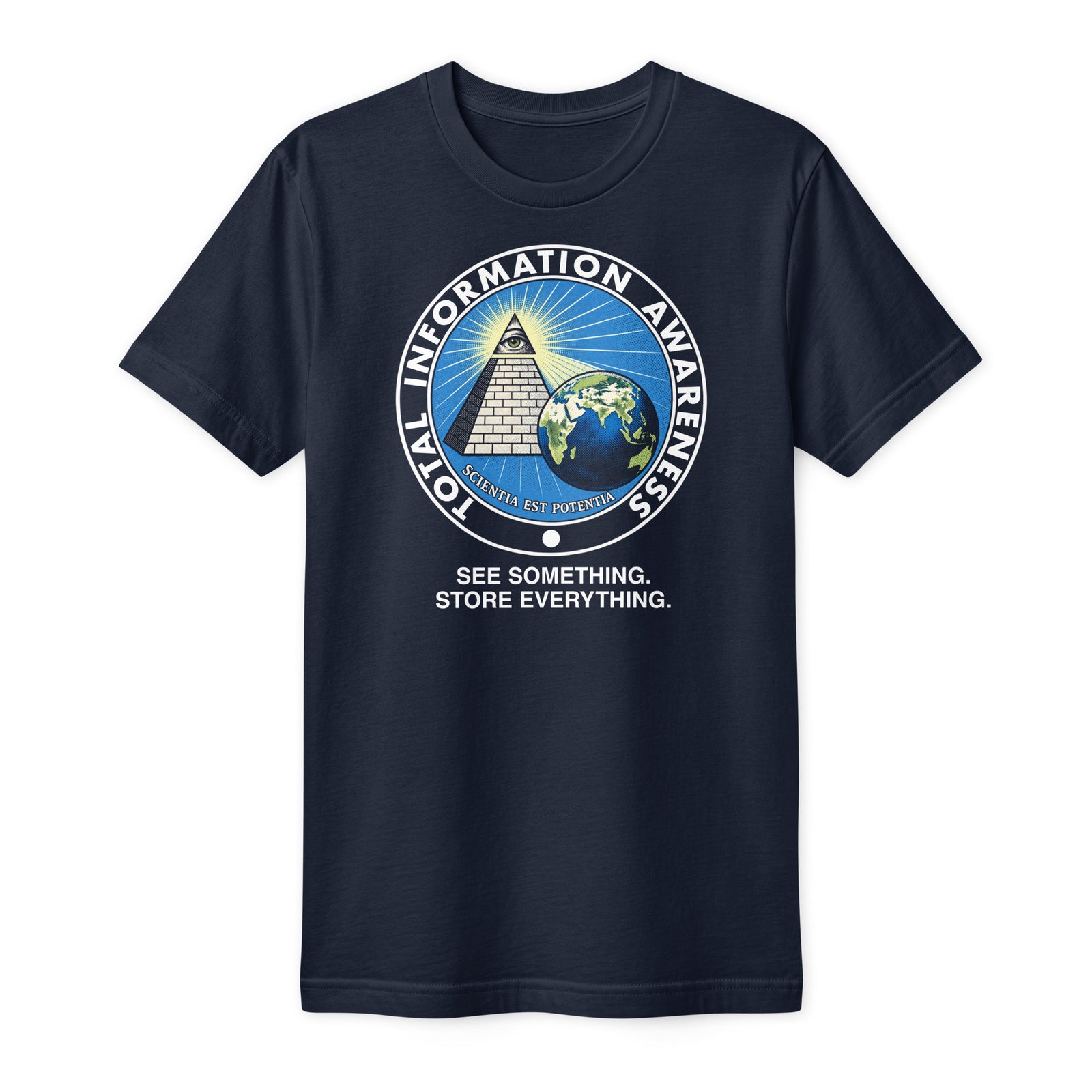 Navy Total Information Awareness Program T-shirt front with all-seeing-eye surveillance parody graphic
