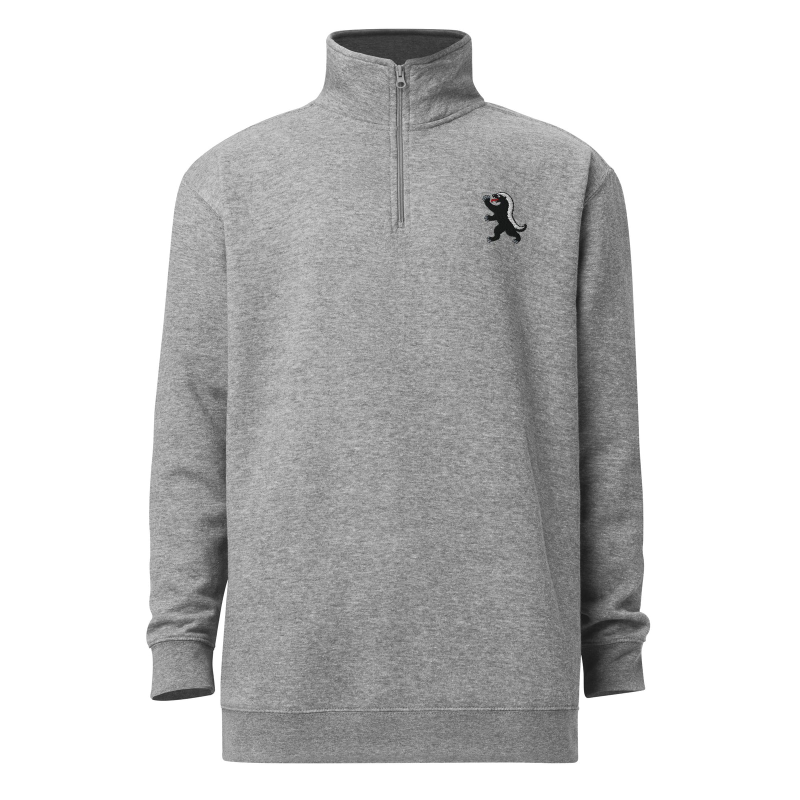 Carbon Grey Heraldic Honey Badger quarter-zip pullover, shaped front view with collar zipped up and embroidered left-chest emblem
