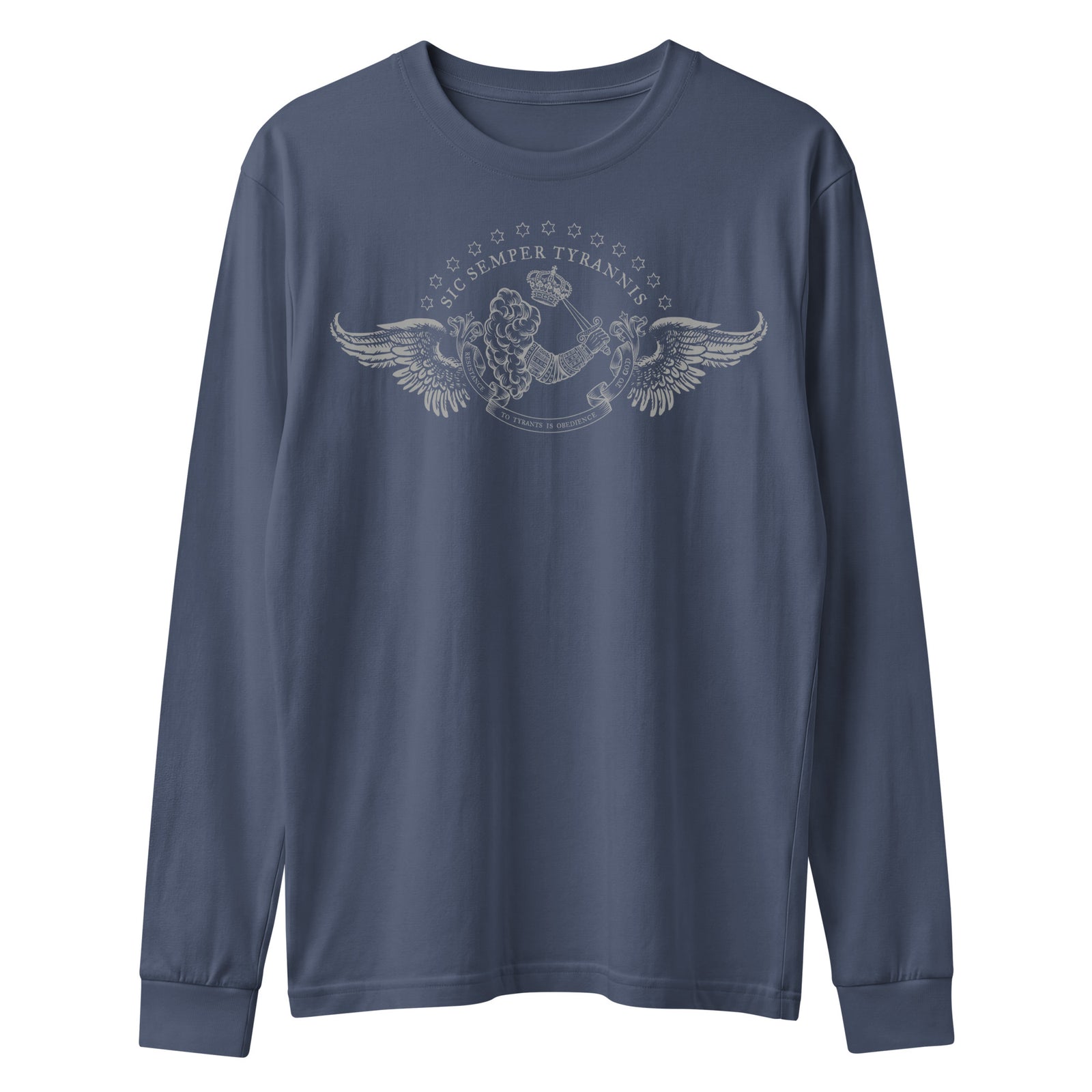 A long-sleeve crewneck shirt in slate blue, featuring a distressed silver graphic of a winged helmet and the words Sic Seper Tyrannis - Liberty Maniacs