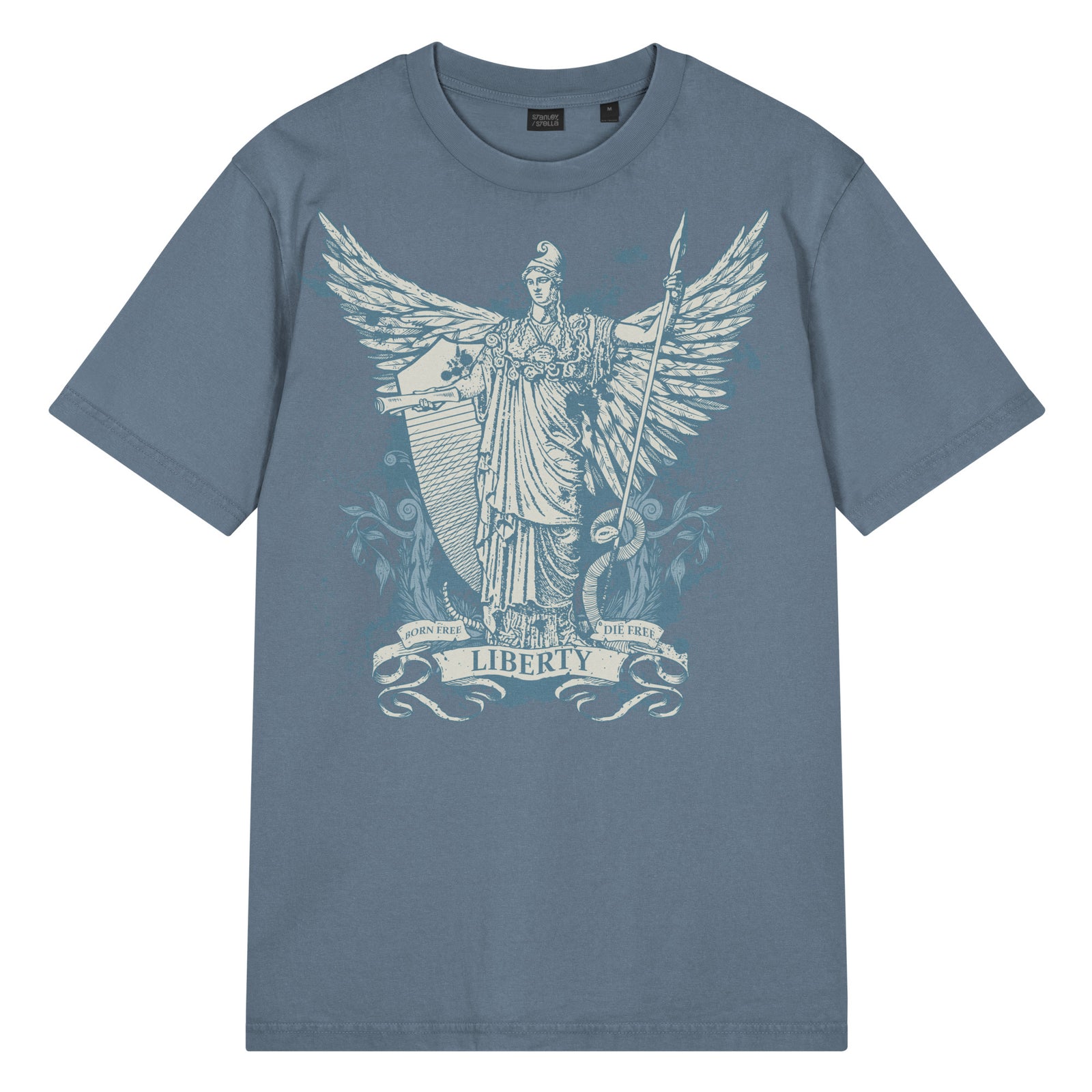 Garment-dyed vintage t-shirt featuring Dan McCall’s Libertas artwork with the Roman goddess of liberty holding the Constitution and spear above a rattlesnake.
