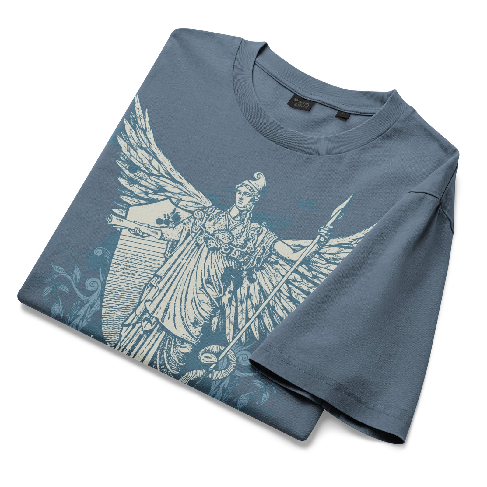 Garment-dyed vintage t-shirt featuring Dan McCall’s Libertas artwork with the Roman goddess of liberty holding the Constitution and spear above a rattlesnake.