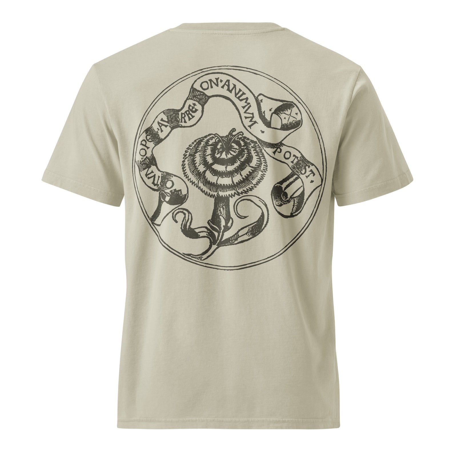 Beige t-shirt with a black circular design on the back featuring an octopus and text.