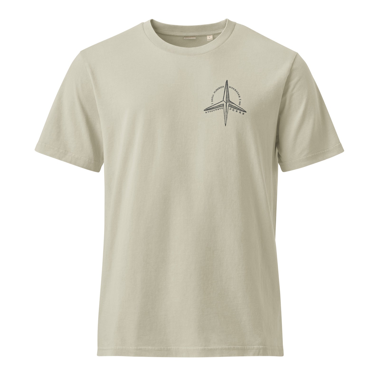 Beige t-shirt with a logo on the chest against a white background
