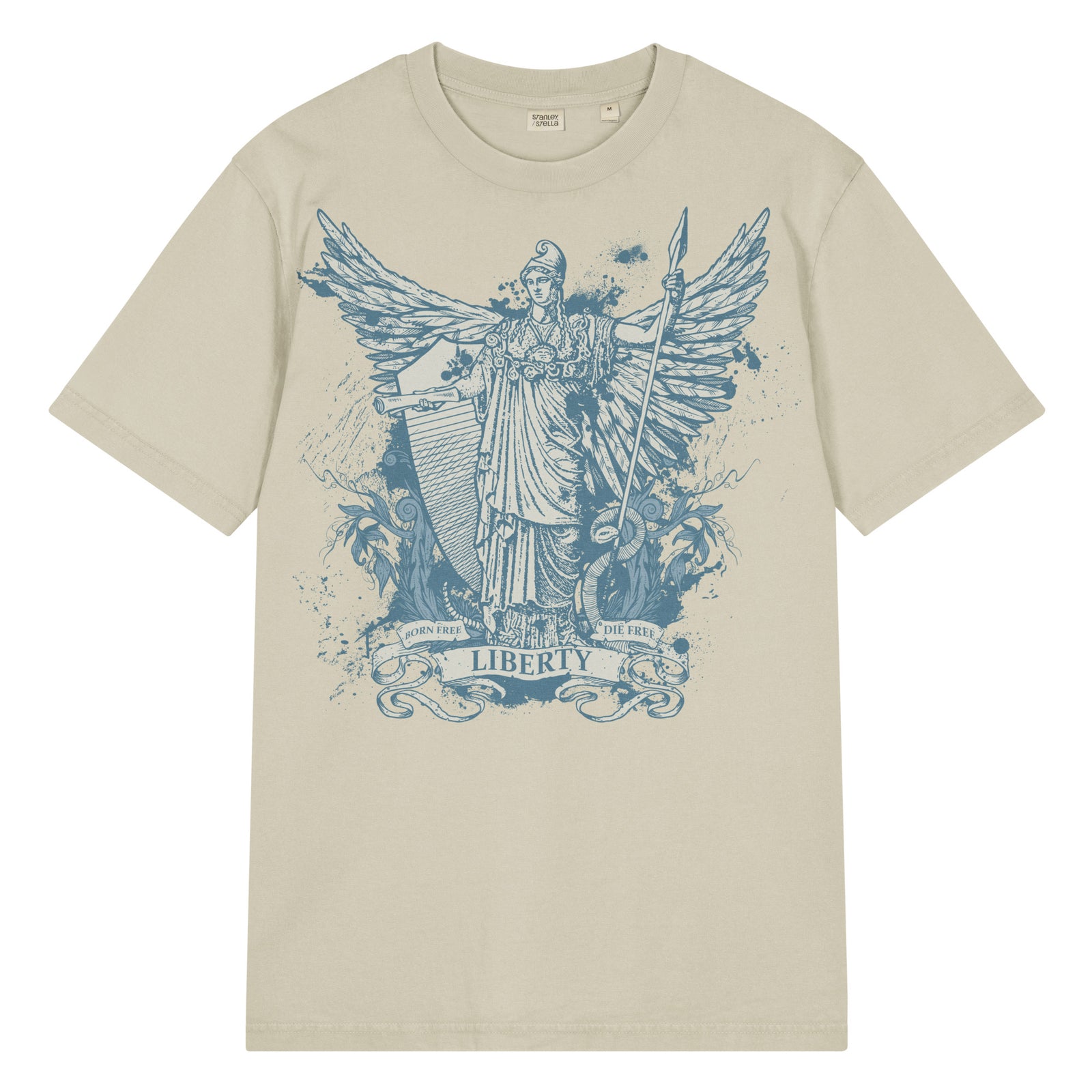 Garment-dyed vintage t-shirt featuring Dan McCall’s Libertas artwork with the Roman goddess of liberty holding the Constitution and spear above a rattlesnake.