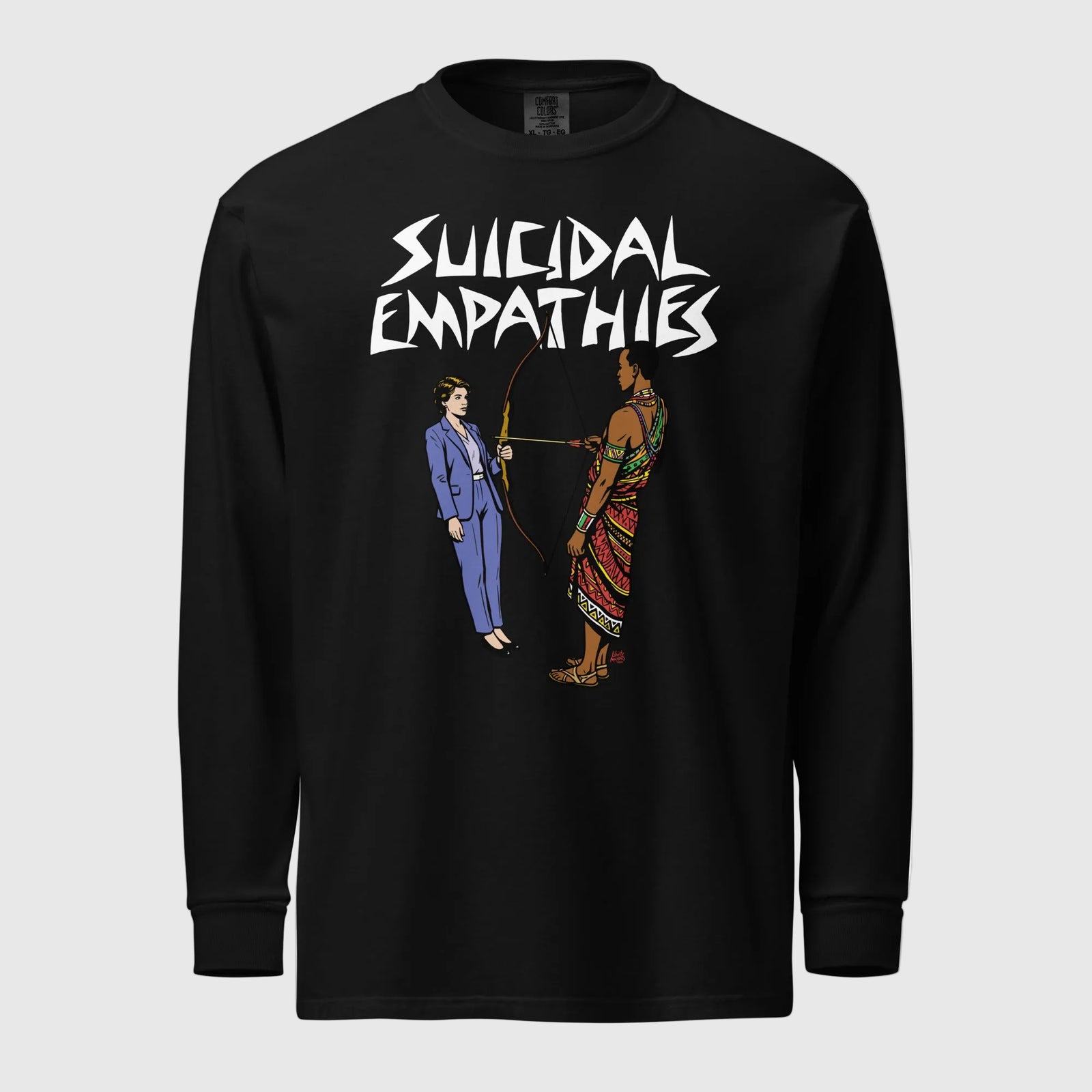 Black long-sleeve shirt with 'Suicidal Empathies' graphic design on a white background
