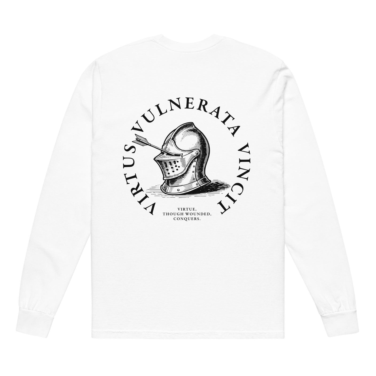 Front print shows a full knight pierced by arrows with the phrase “No Good Deed Goes Unpunished.” Back print features a knight’s helmet with an arrow through it and the Latin motto Virtus Vulnerata Vincit.