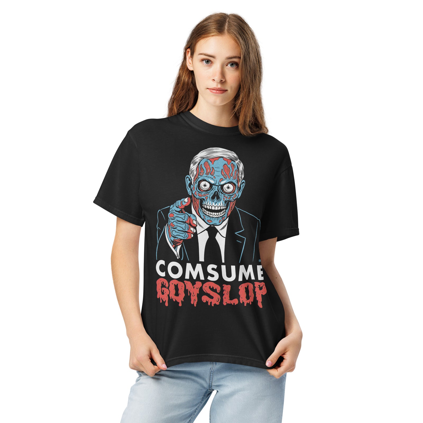 Person wearing a black t-shirt with a graphic design and text on a white background