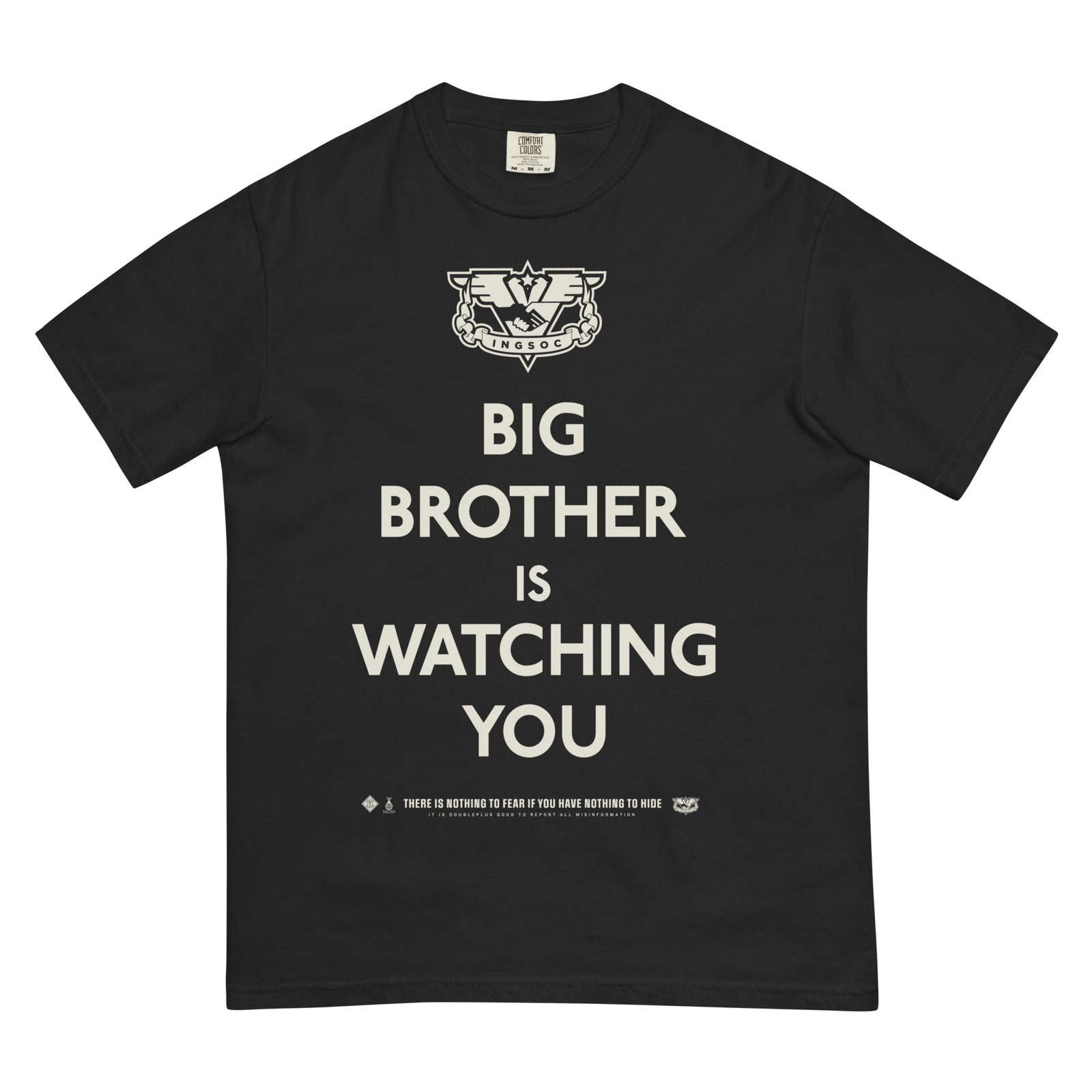 Black t-shirt with 'Big Brother is Watching You' text and logo on a white background