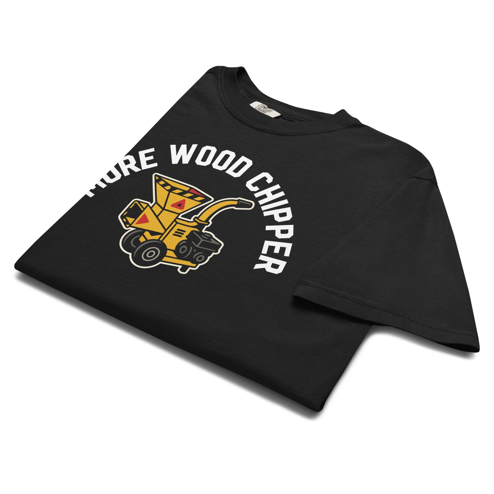 Black t-shirt with a graphic of a wood chipper and text on a white background