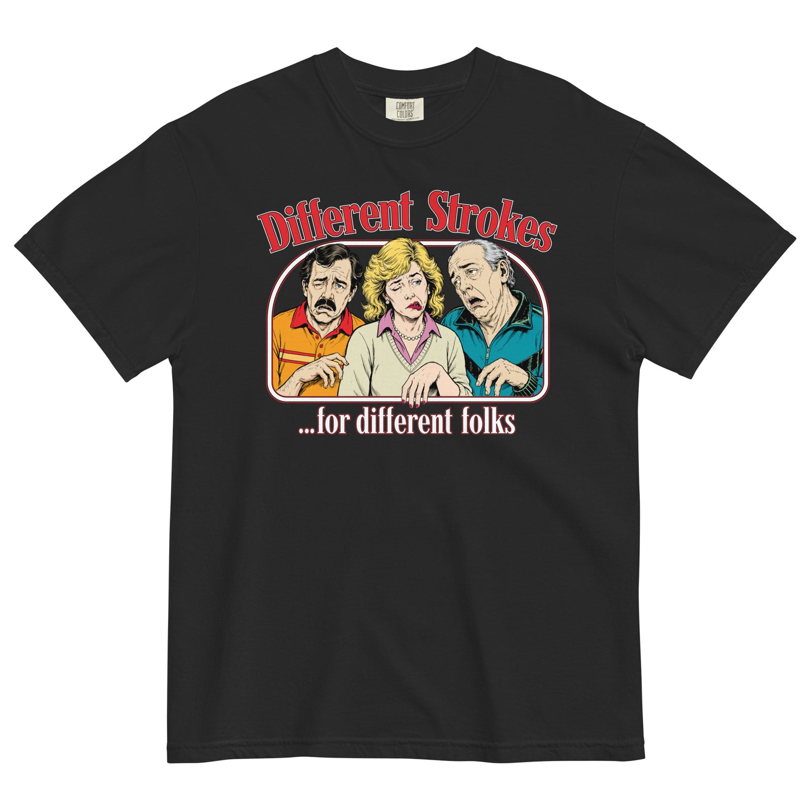 Different Strokes for Different Folks heavyweight T-shirt in black with three-person retro graphic, front view