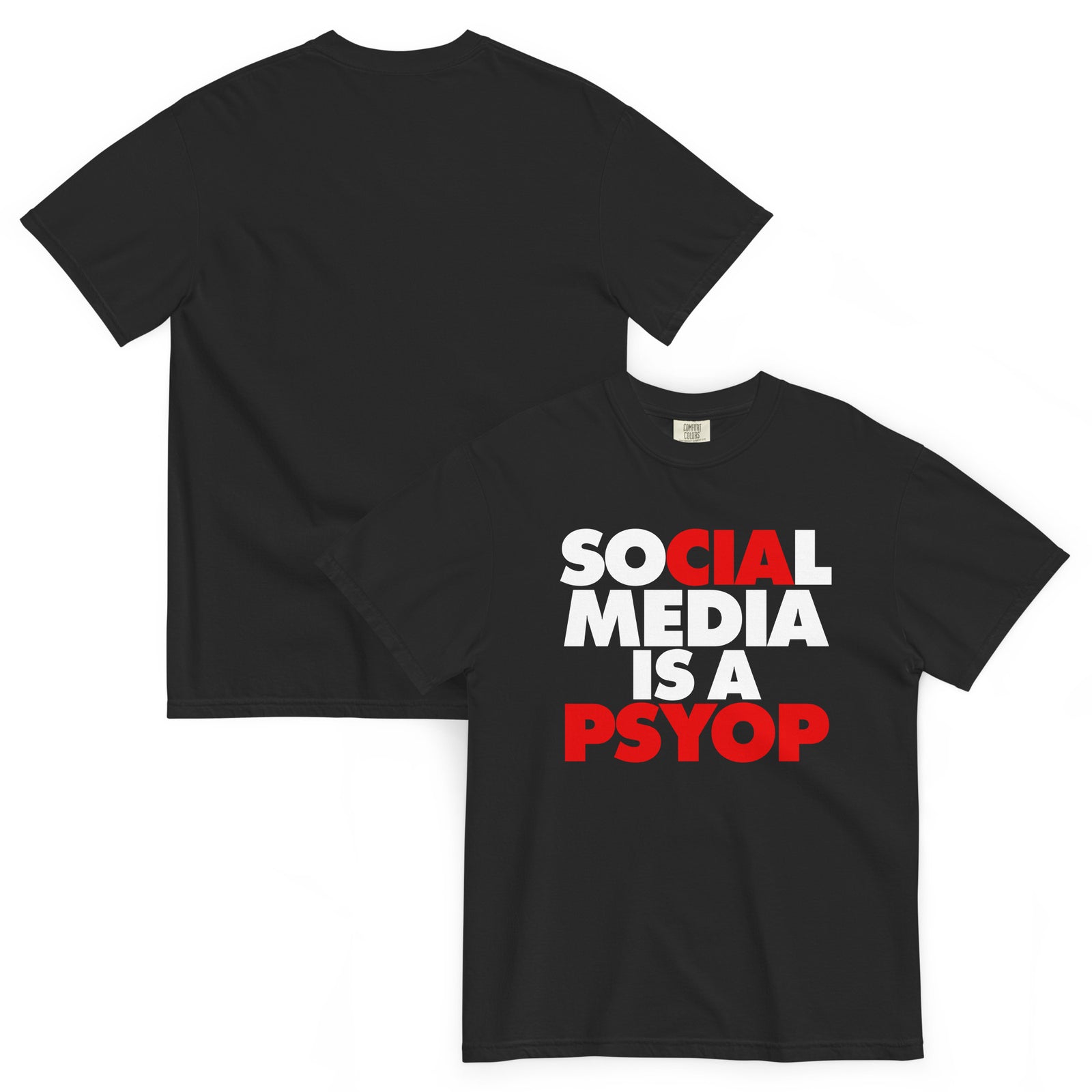 Front and back views of the Social Media Is a Psyop garment-dyed black T-shirt