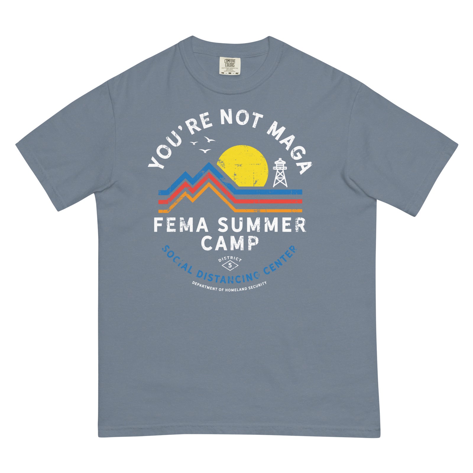 Gray t-shirt with graphic design and text on a white background