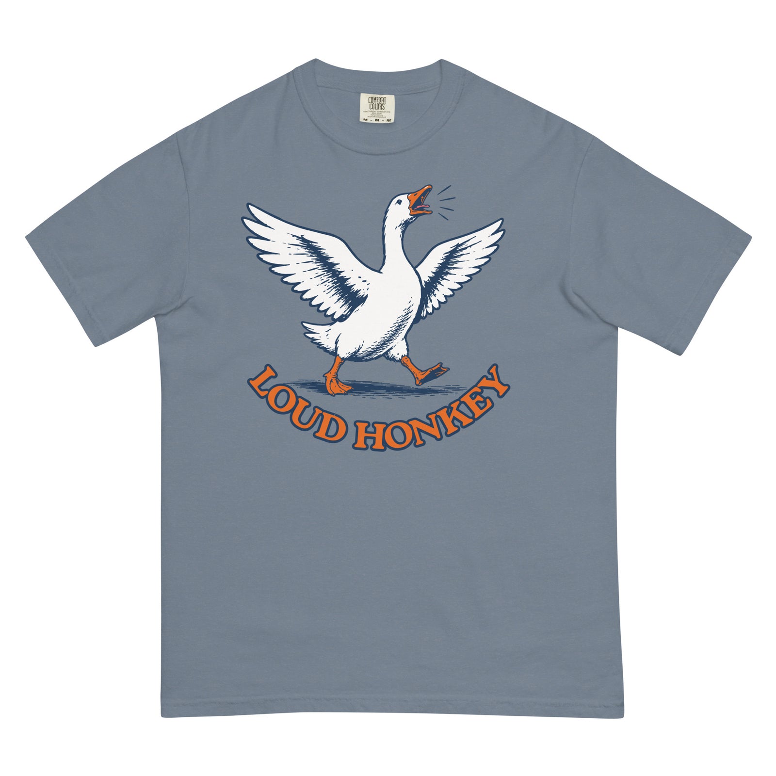 Loud Honkey funny goose graphic t-shirt in Blue Jean garment-dyed heavyweight cotton, front view