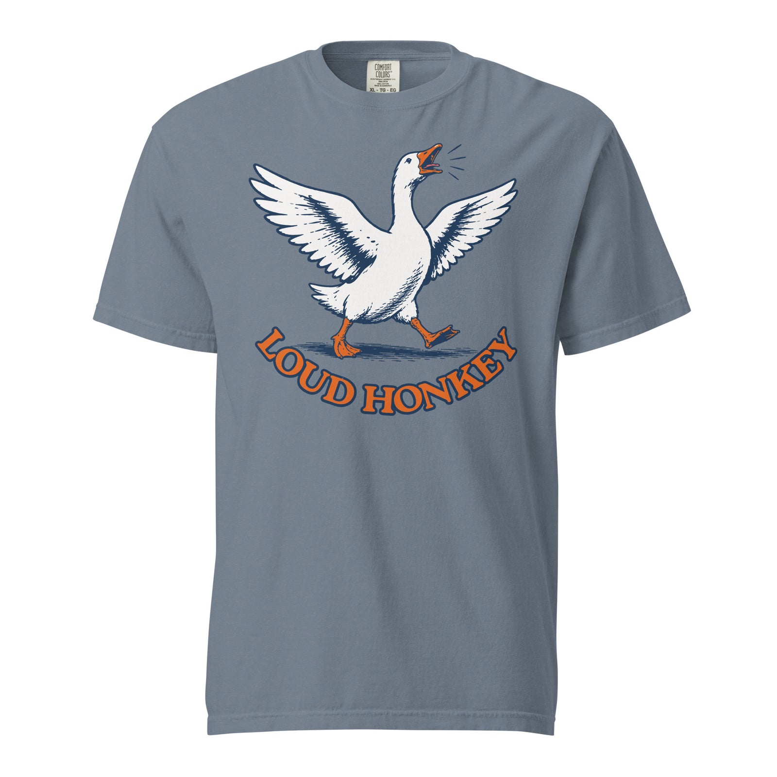 Loud Honkey funny goose graphic t-shirt in denim blue garment-dyed heavyweight cotton, front view
