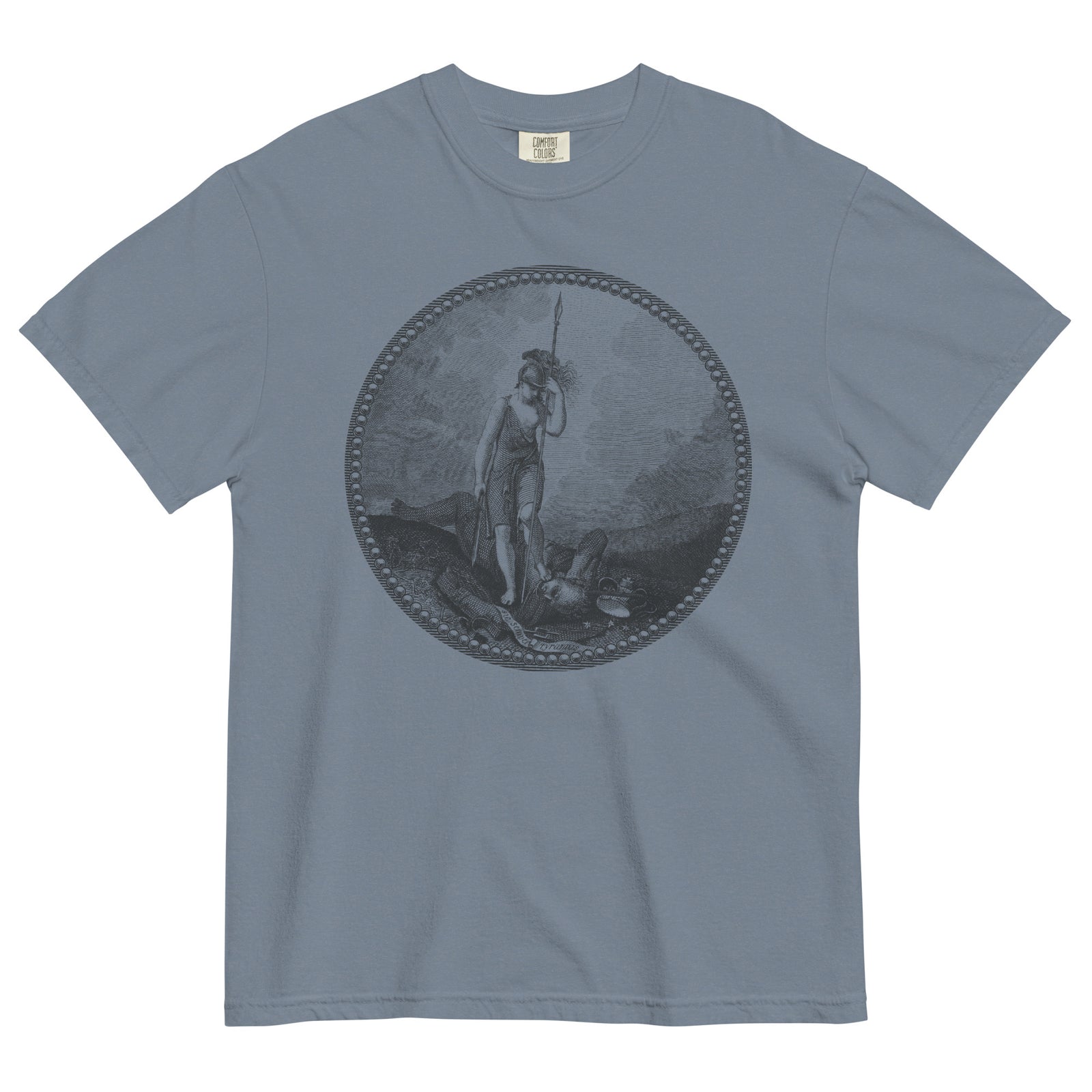 Sic Semper Tyrannis Virginia seal graphic T-shirt in blue jean by Liberty Maniacs