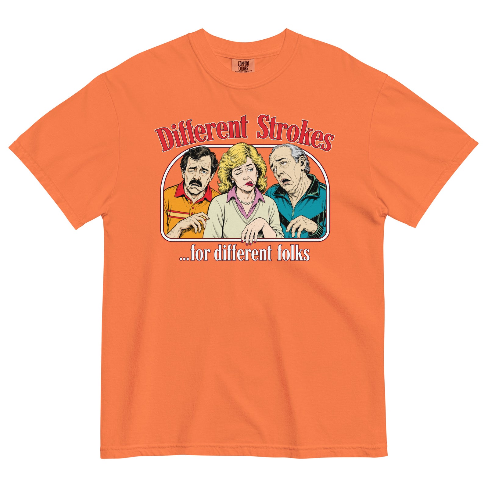 Different Strokes for Different Folks heavyweight T-shirt in burnt orange with three-person retro graphic, front view