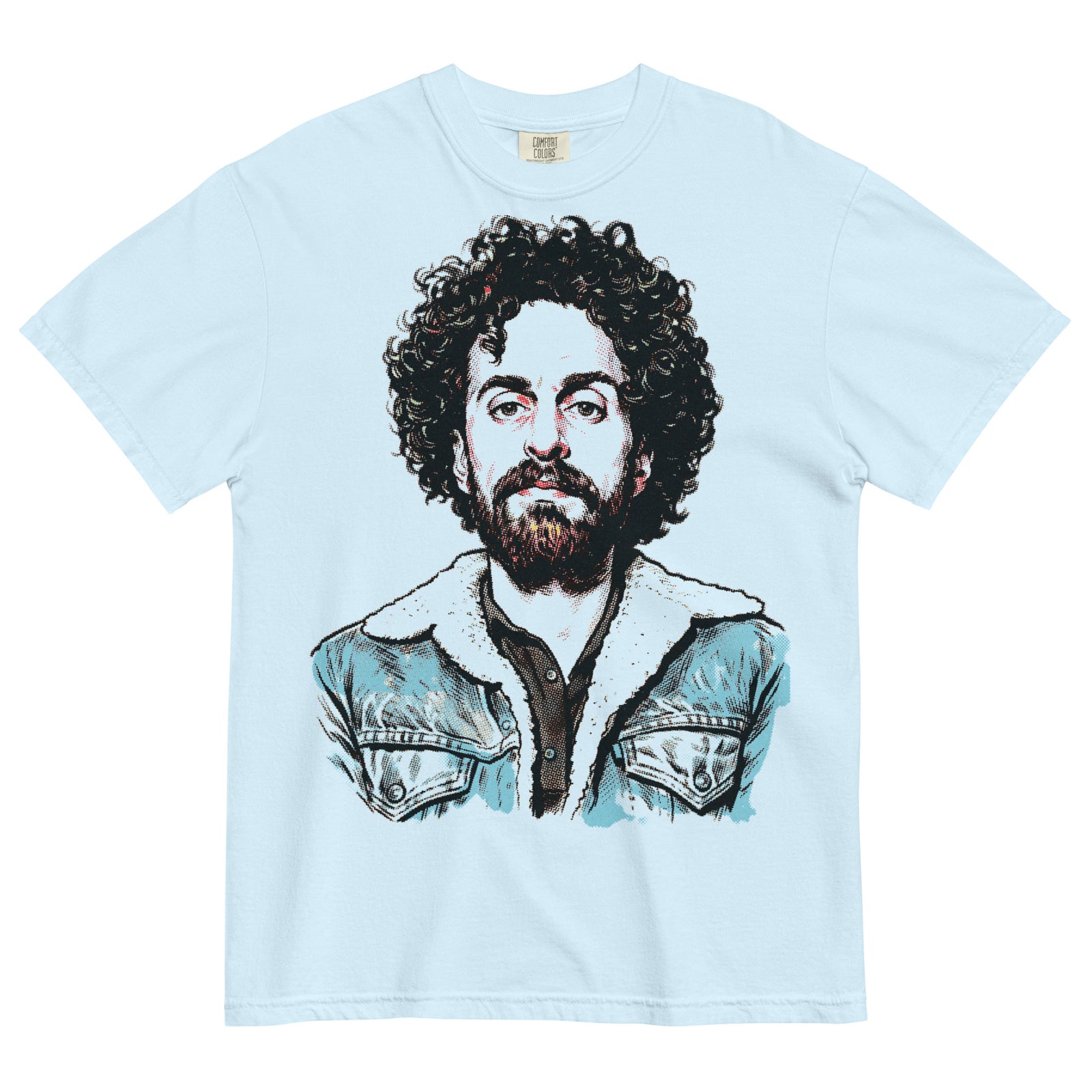 Isaac Kappy graphic t-shirt in light blue laying flat.