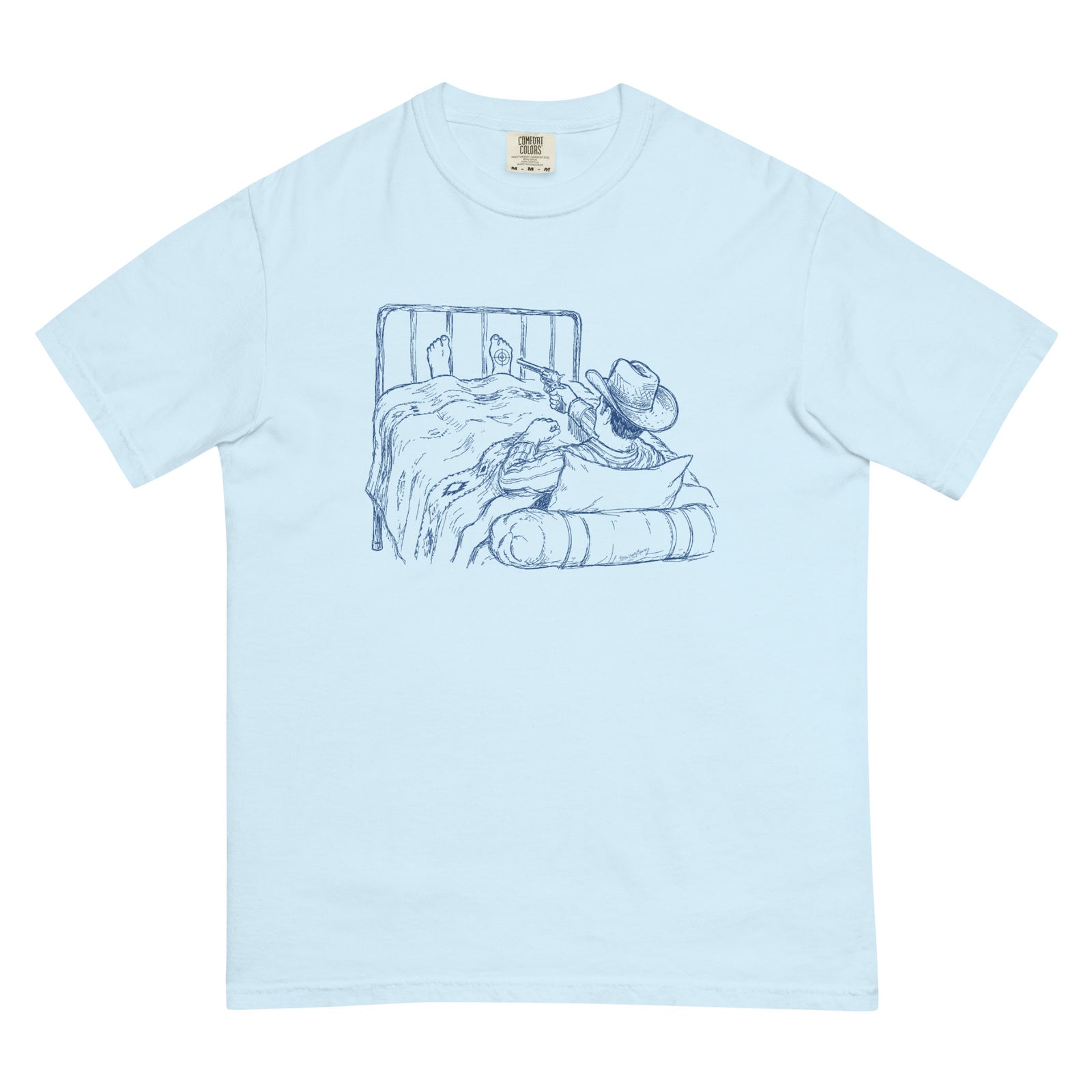 Light blue t-shirt with a graphic of a cowboy lying in bed shooting himself in the foot on a white background