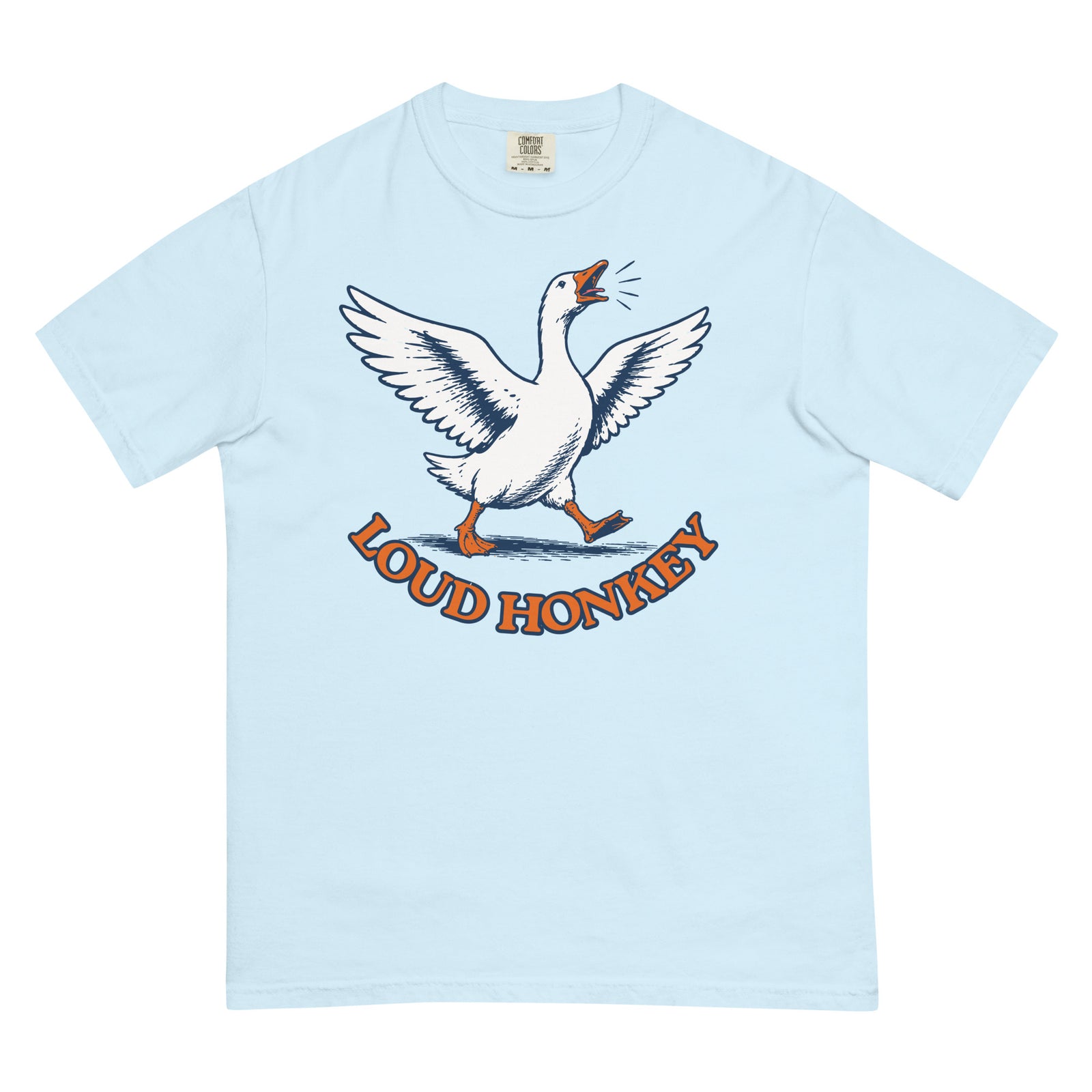 Loud Honkey funny goose graphic t-shirt in Chambray garment-dyed heavyweight cotton, front view