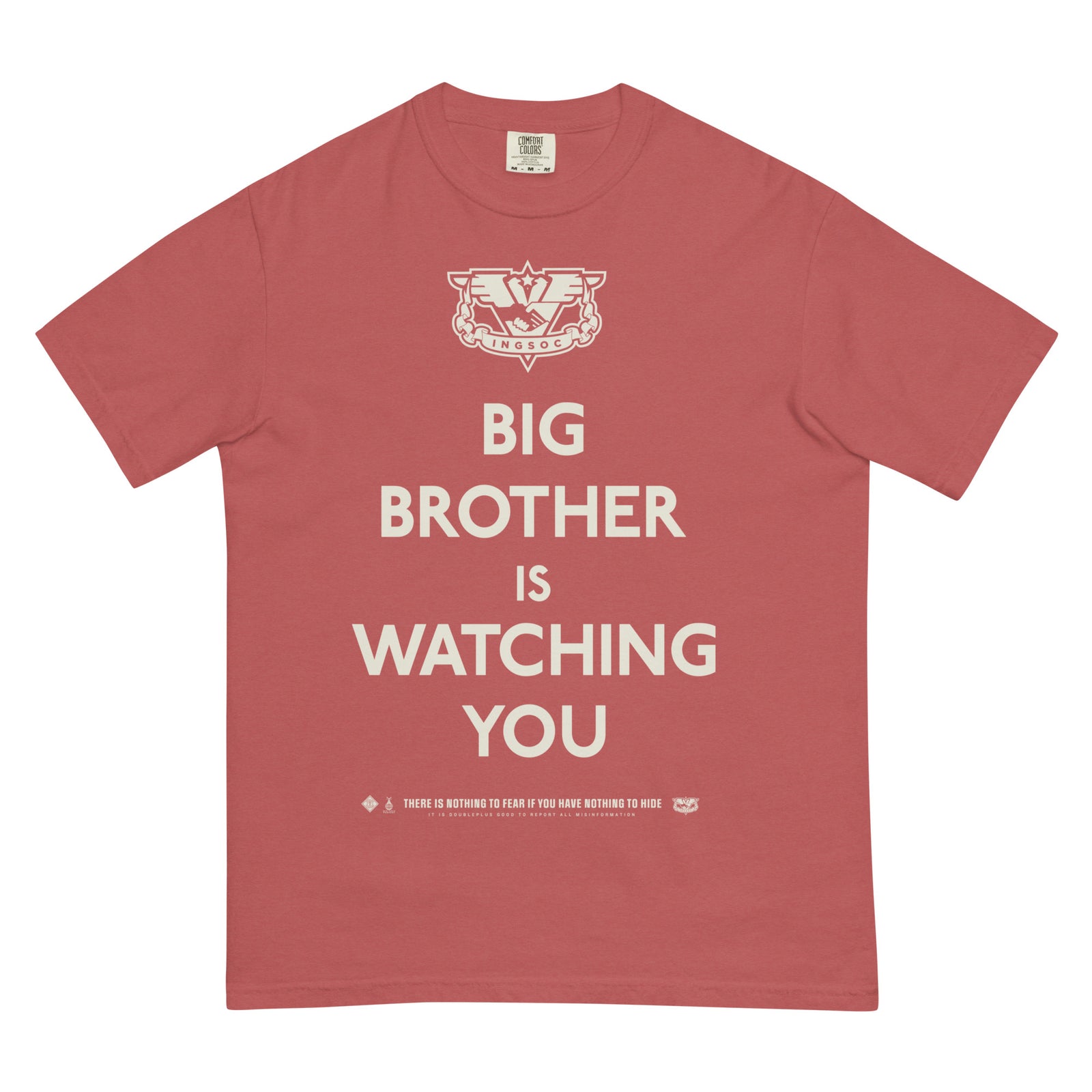 Red t-shirt with 'Big Brother is Watching You' text and logo on a white background