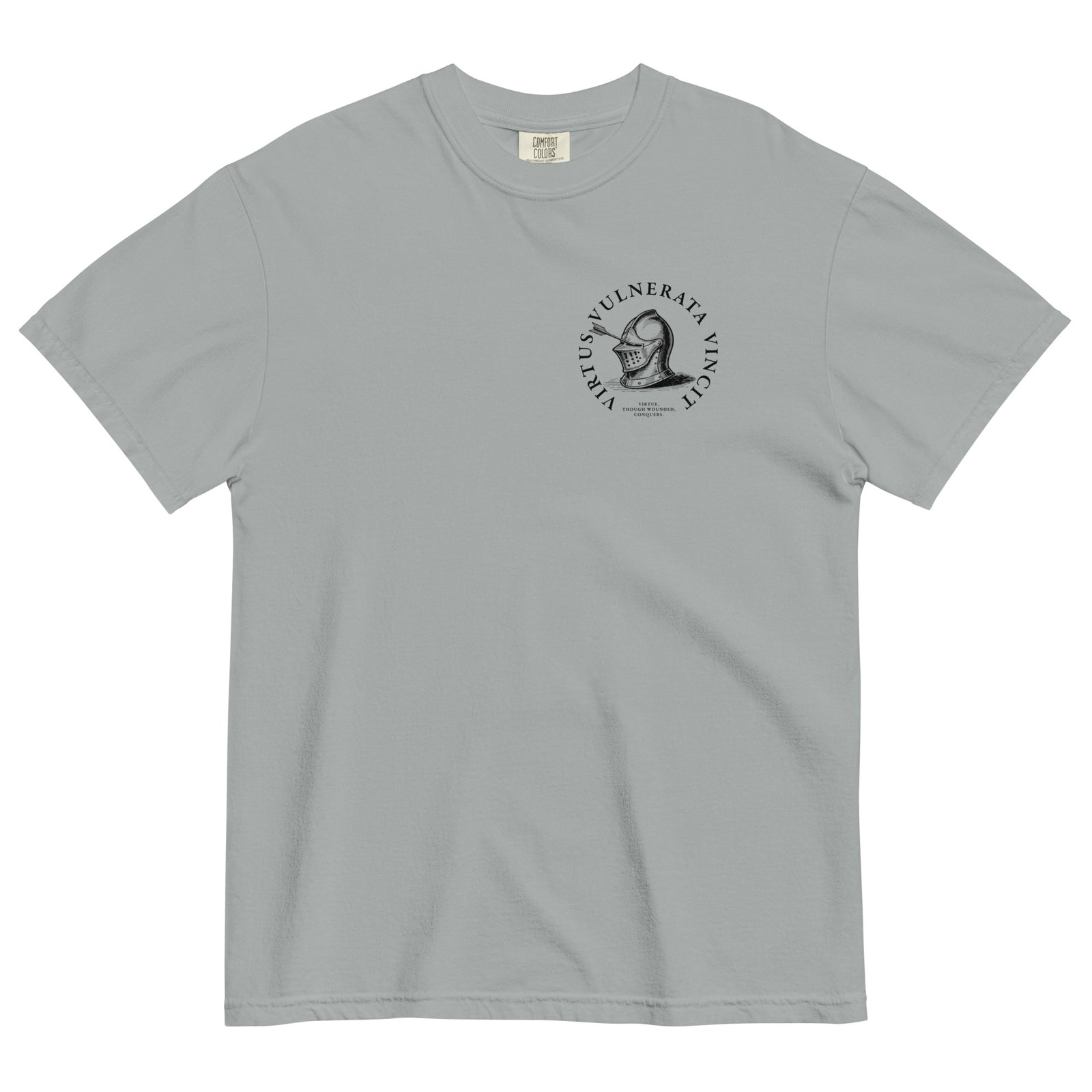 Minimalist graphic t-shirt featuring an illustrated medieval knight pierced by arrows with the Latin phrase Virtus Vulnerata Vincit (“Virtue, though wounded, conquers”).