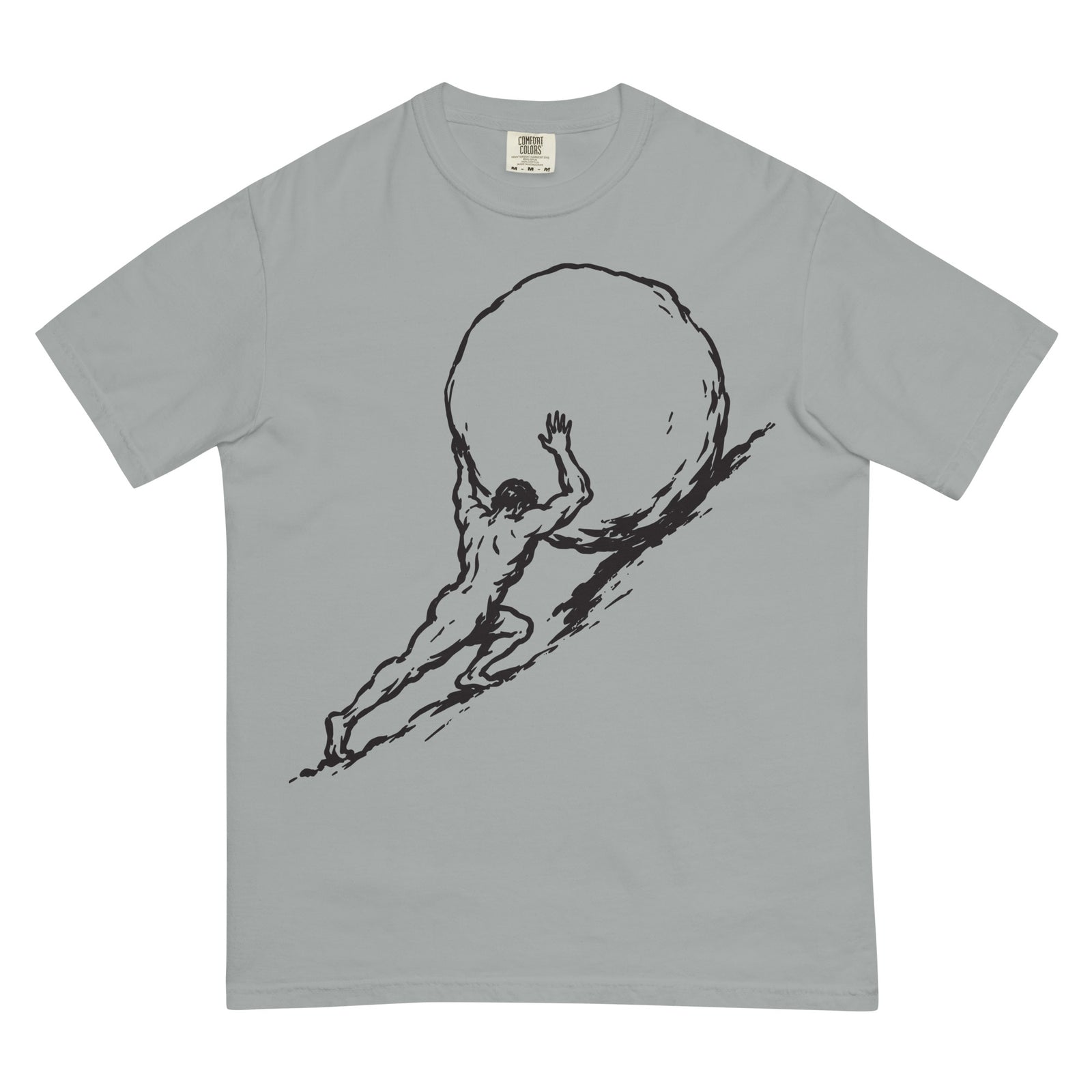 Gray Sisyphus t-shirt with a black graphic of a man lifting a large sphere on a white background