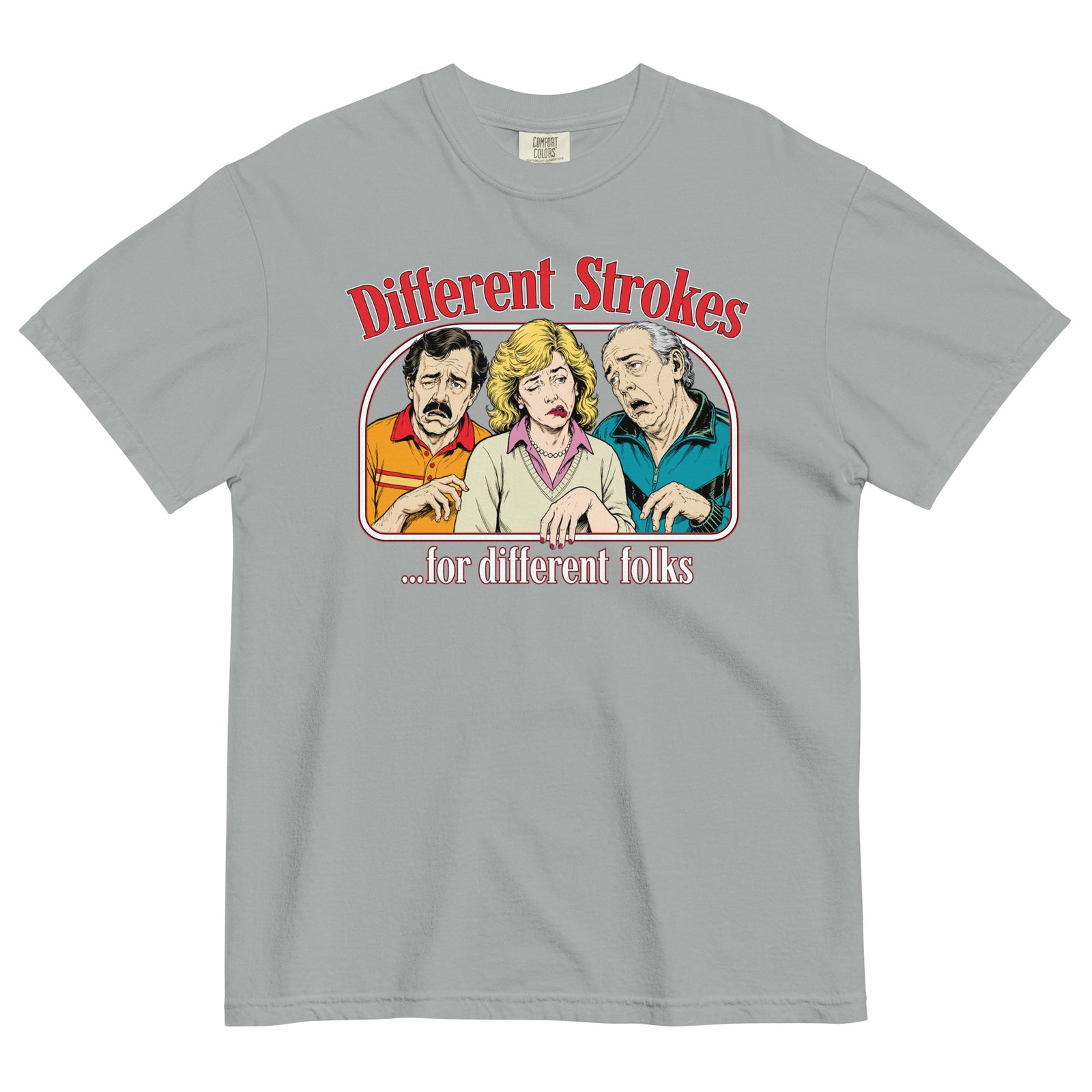 Different Strokes for Different Folks heavyweight T-shirt in granite with three-person retro graphic, front view