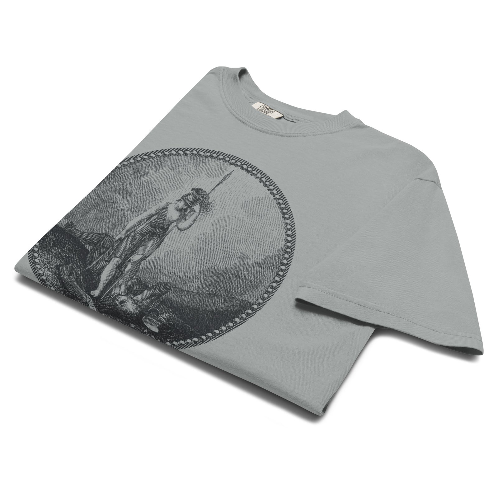 Close up of the Sic Semper Tyrannis Virginia seal graphic T-shirt by Liberty Maniacs