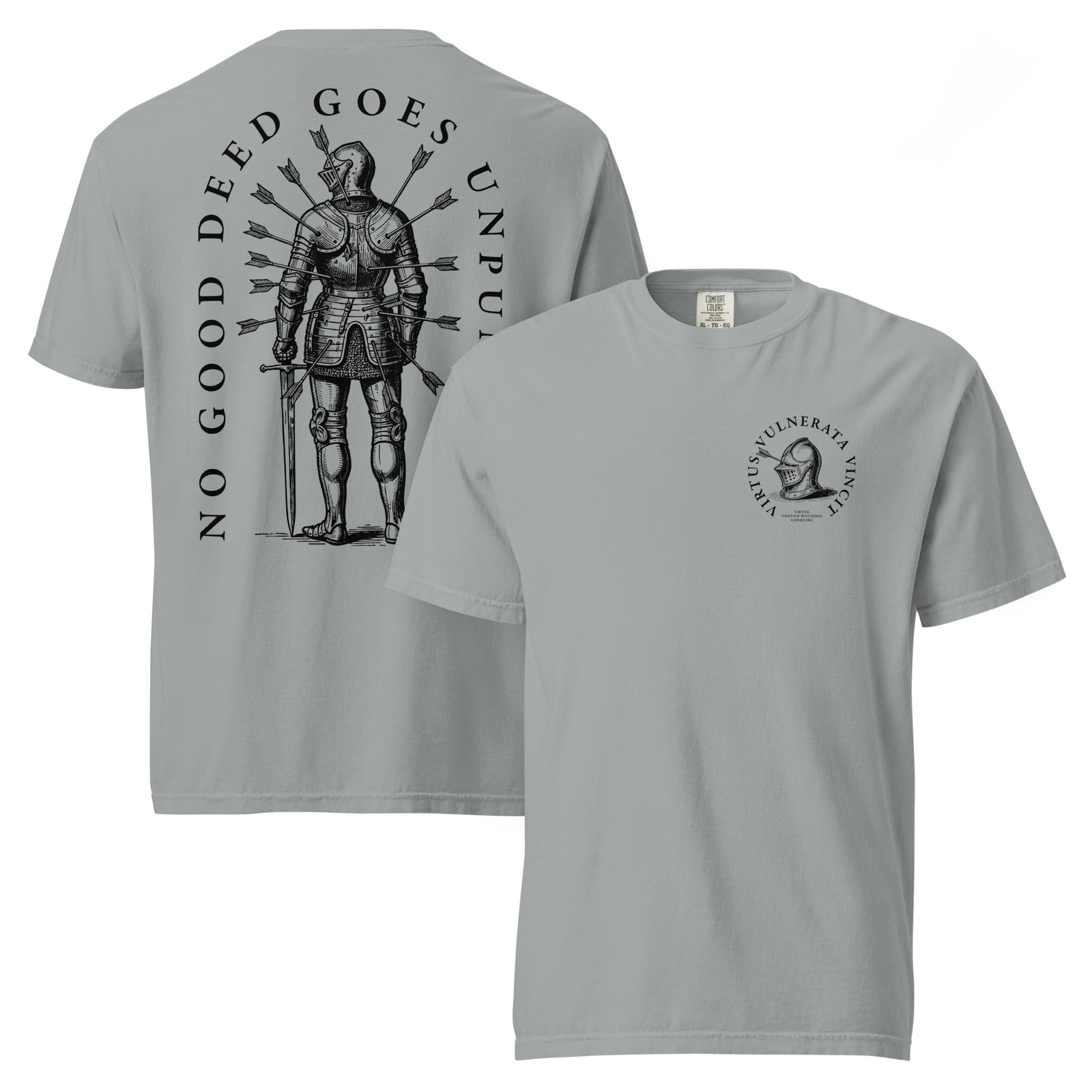 Minimalist graphic t-shirt featuring an illustrated medieval knight pierced by arrows with the Latin phrase Virtus Vulnerata Vincit (“Virtue, though wounded, conquers”).