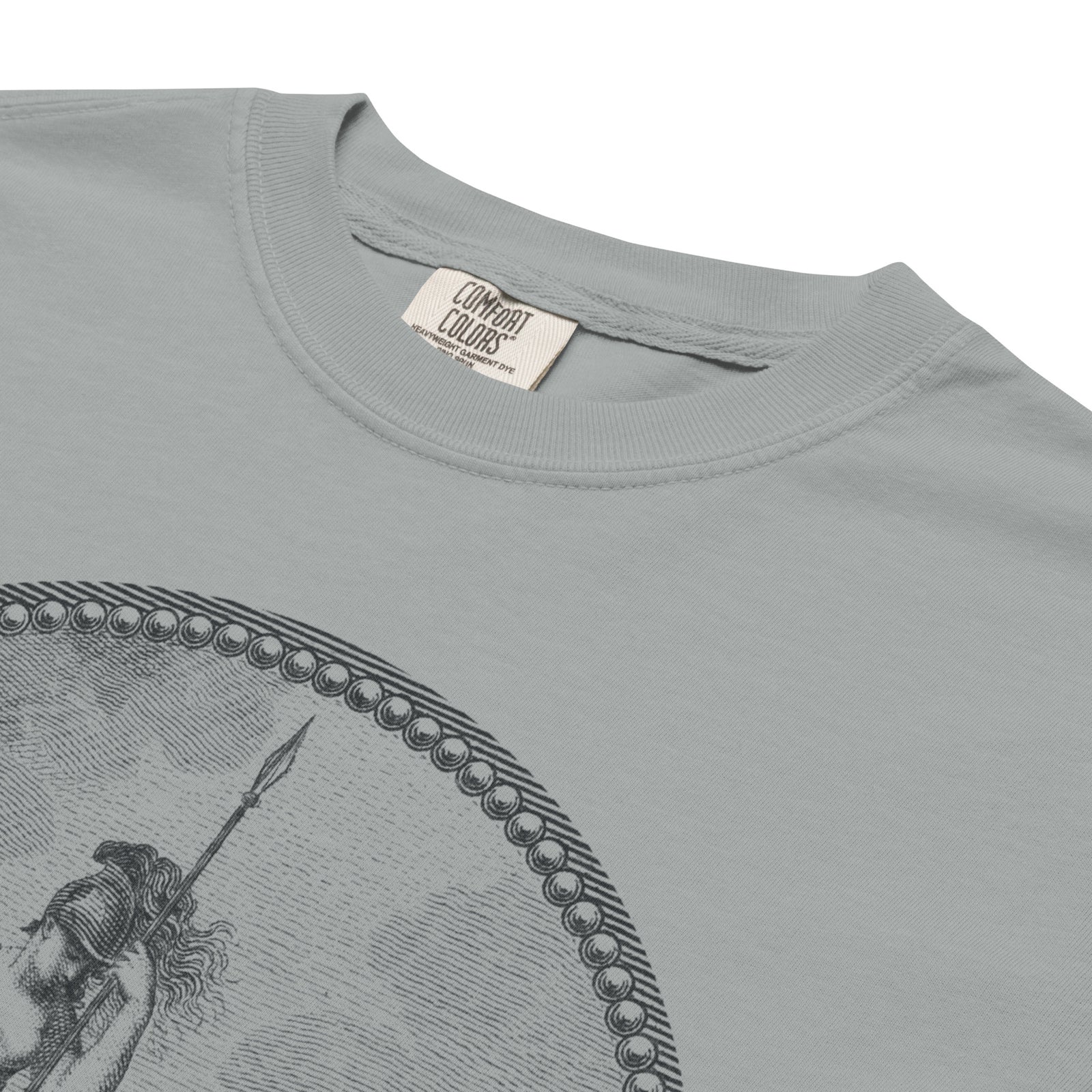 Close up of the Sic Semper Tyrannis Virginia seal graphic T-shirt by Liberty Maniacs