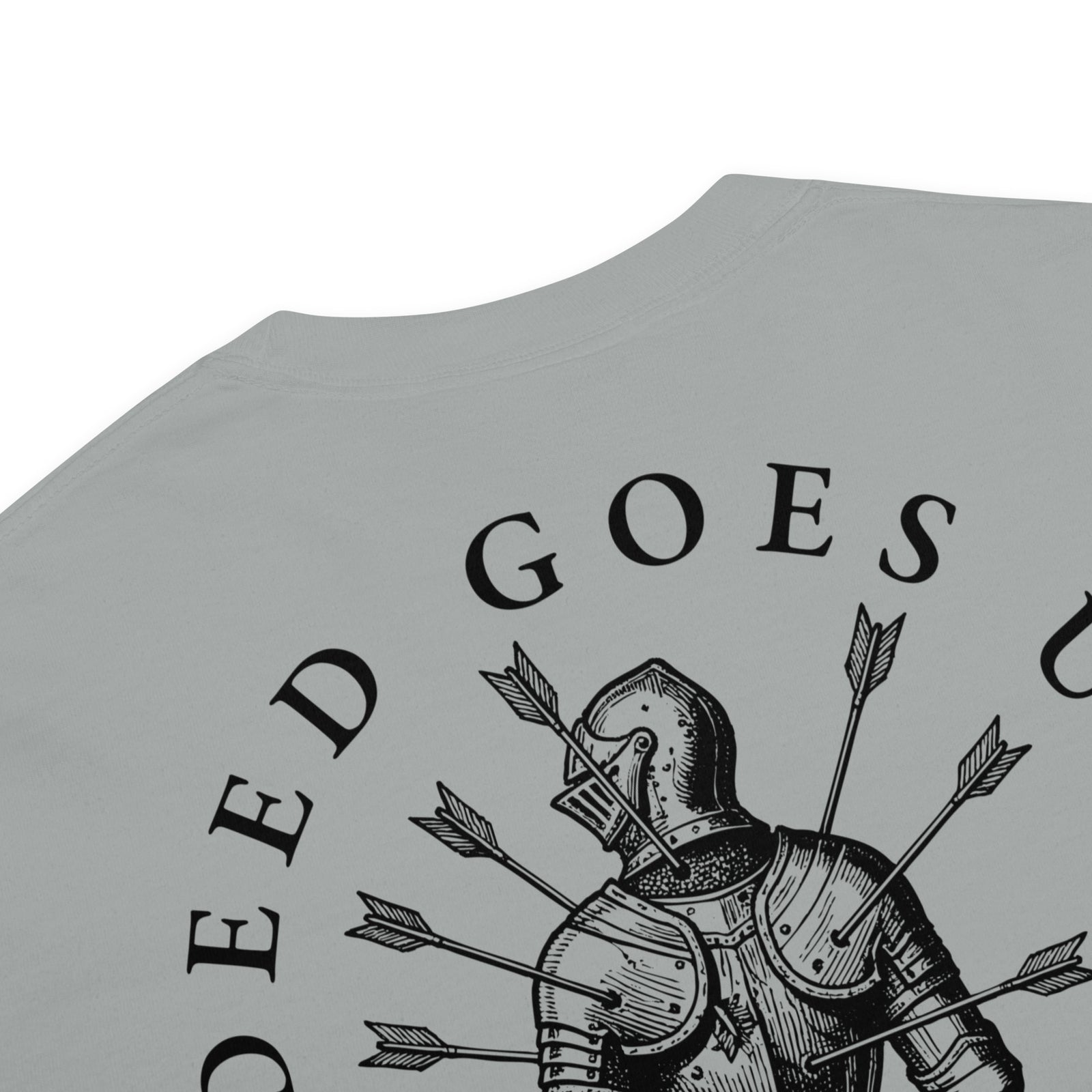 Minimalist graphic t-shirt featuring an illustrated medieval knight pierced by arrows with the Latin phrase Virtus Vulnerata Vincit (“Virtue, though wounded, conquers”).