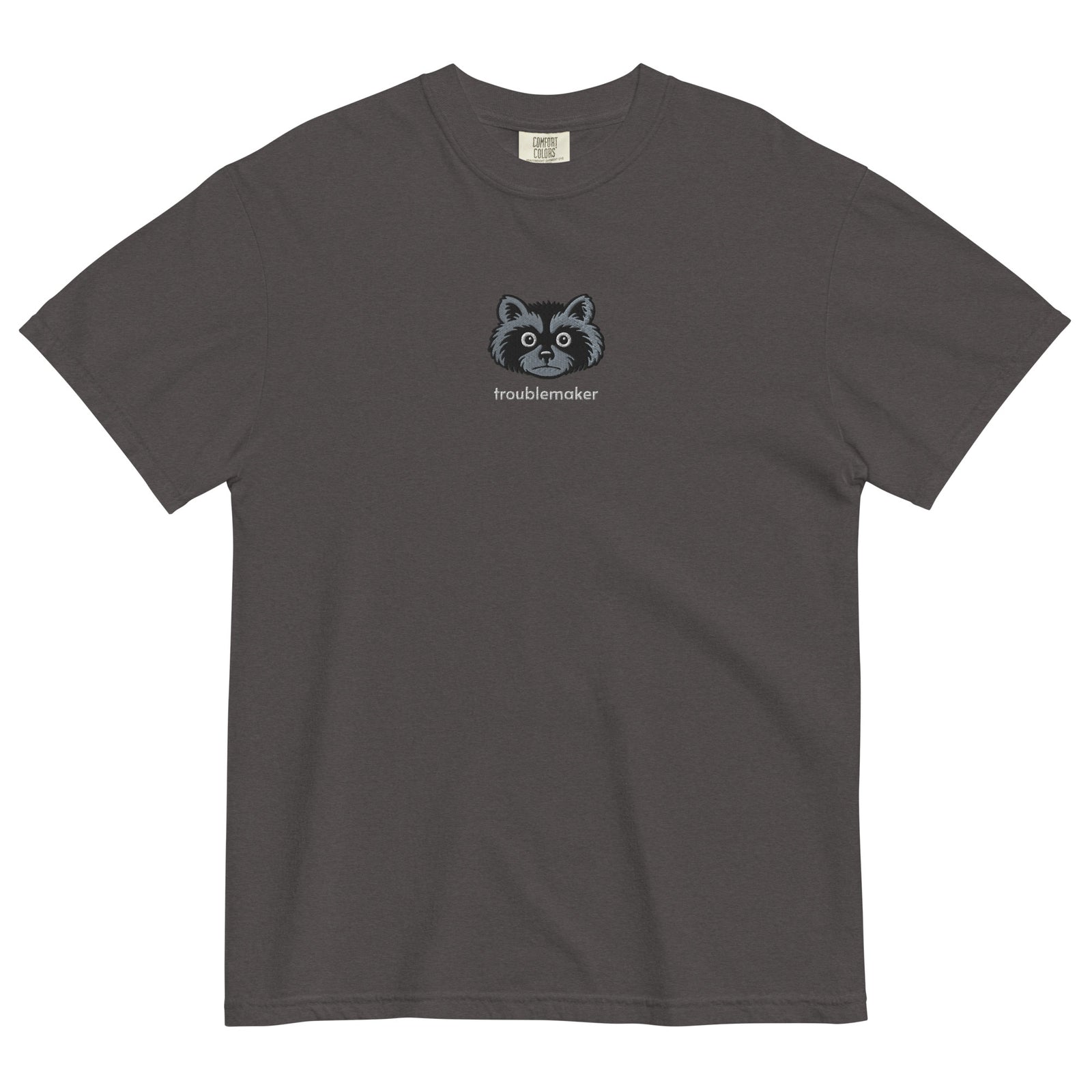 Troublemaker Raccoon Heavyweight Embroidered Tee by Liberty Maniacs in grey