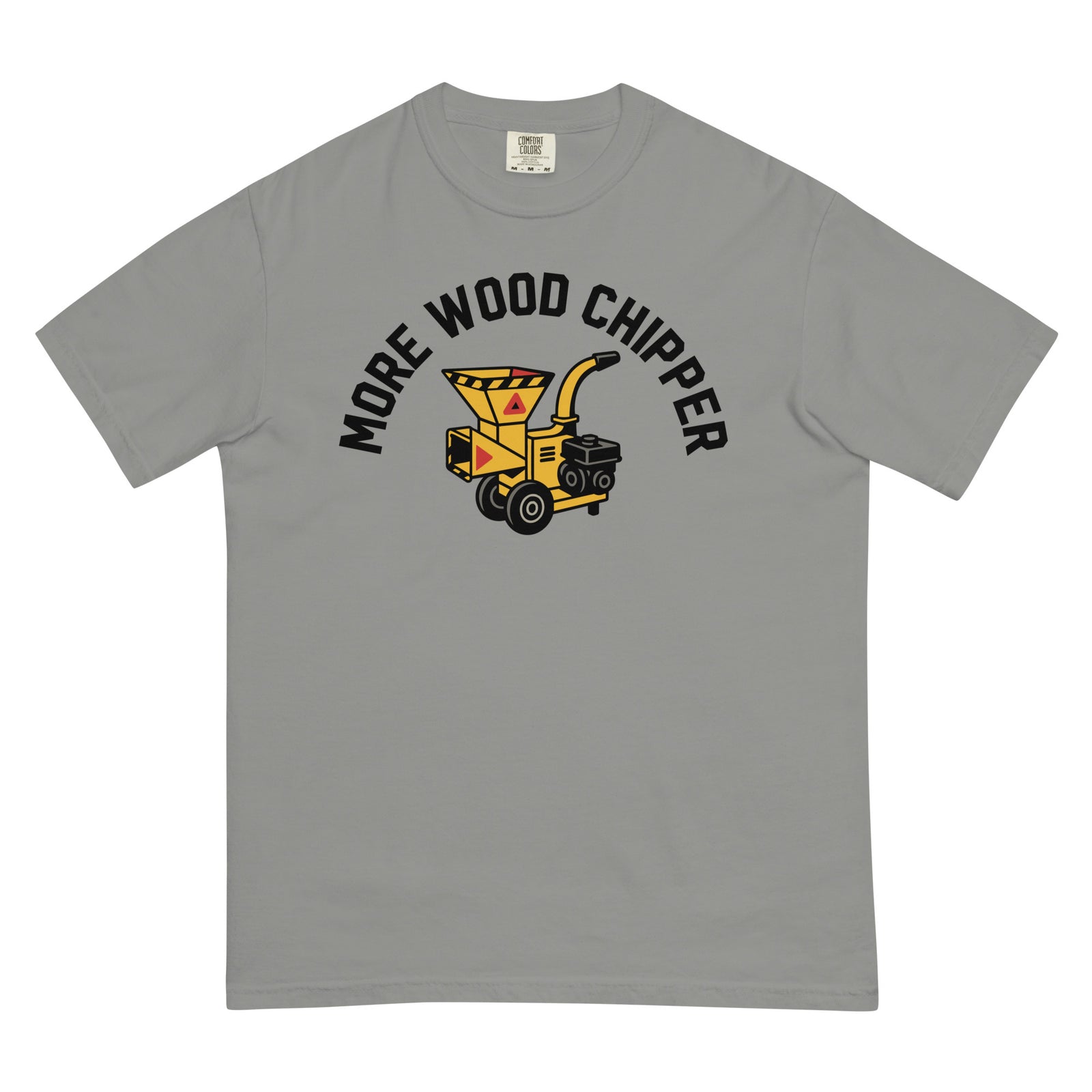 Gray t-shirt with a wood chipper graphic and text on a white background