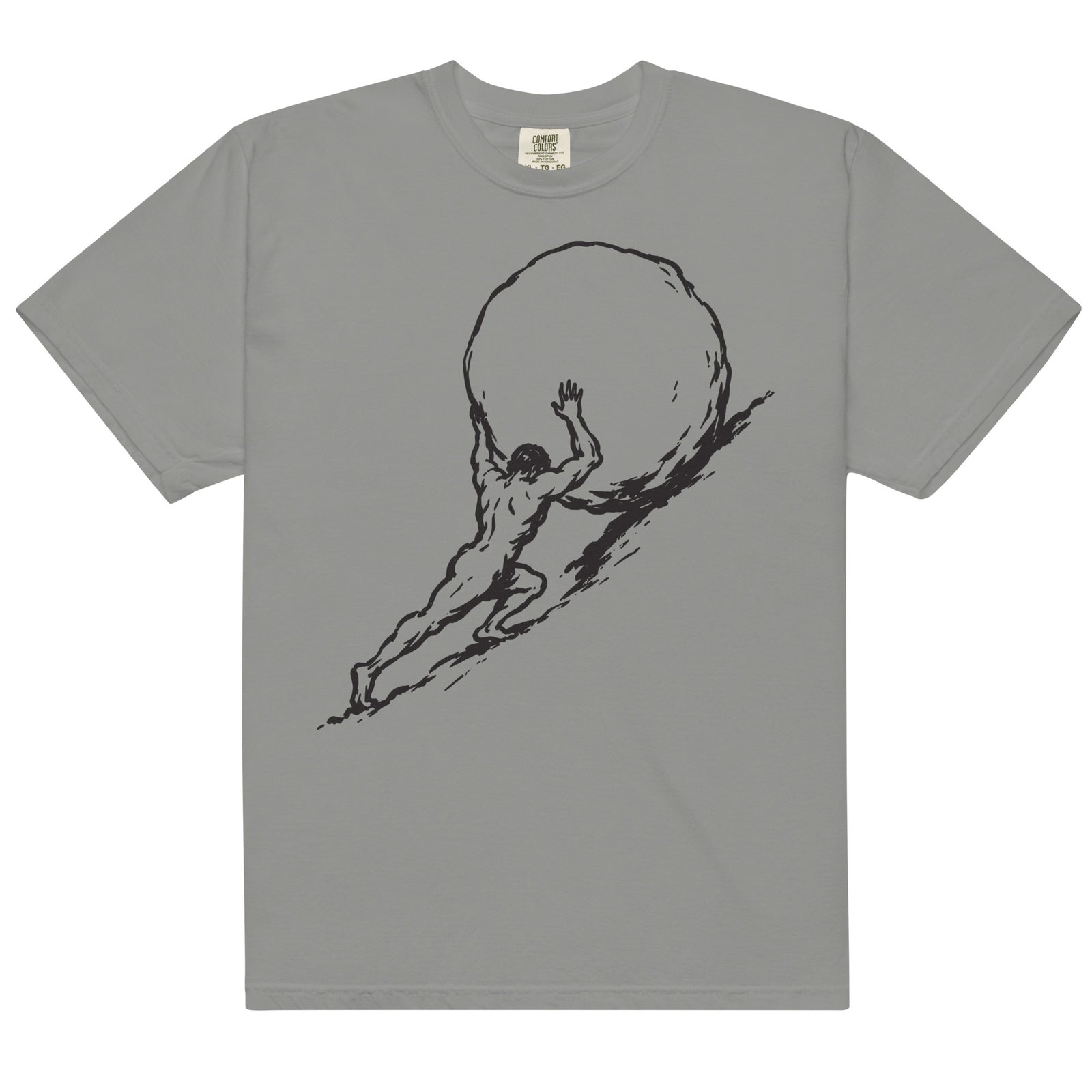 Gray Sisyphus t-shirt with a black graphic of a person pushing a boulder on a white background