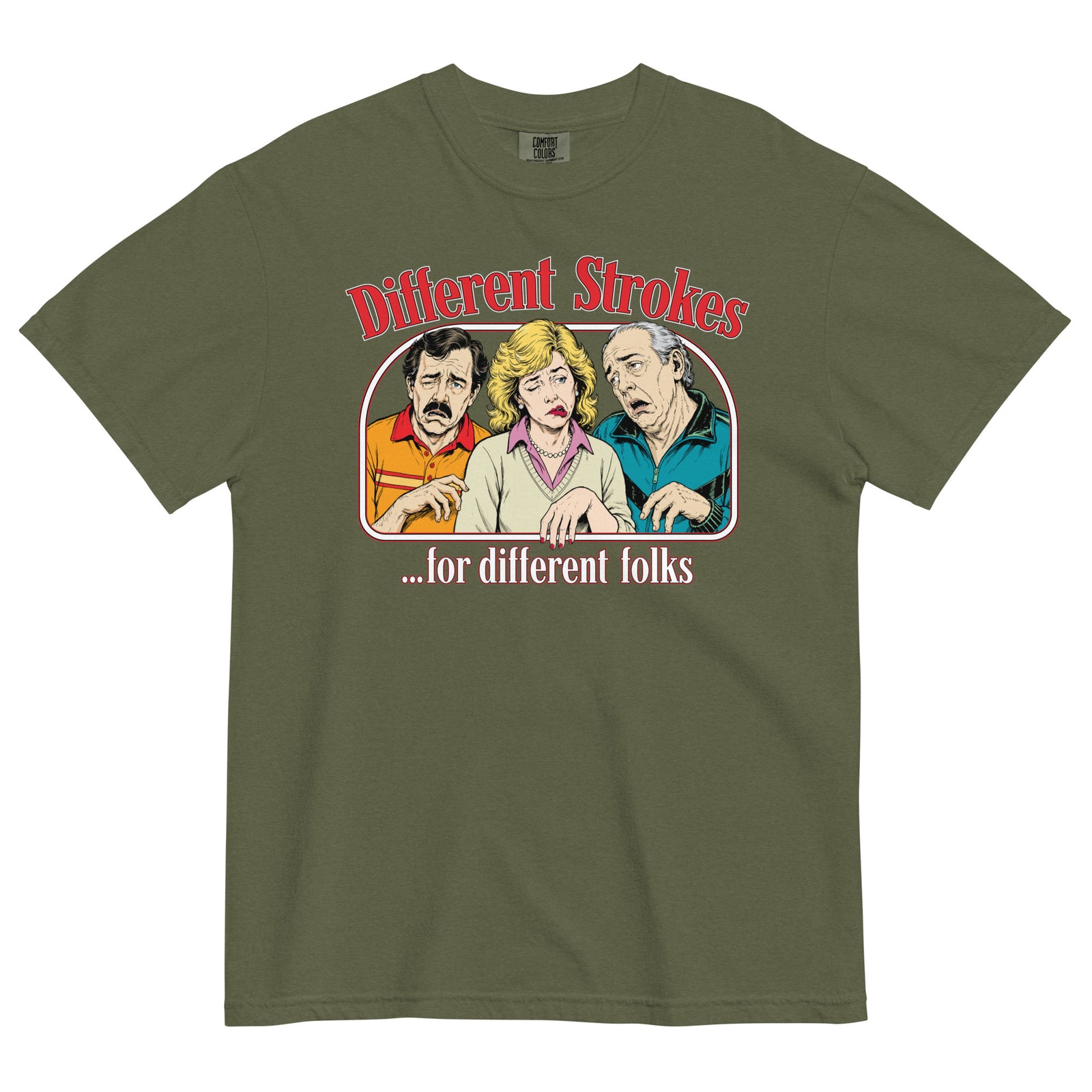 Different Strokes for Different Folks heavyweight T-shirt in hemp with three-person retro graphic, front view