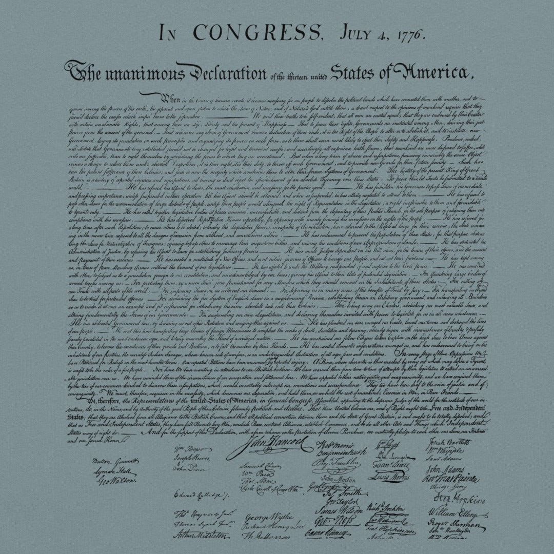 The Declaration of Independence printed on the back of a Liberty Maniacs garment dyed heavyweight graphic t-shirt