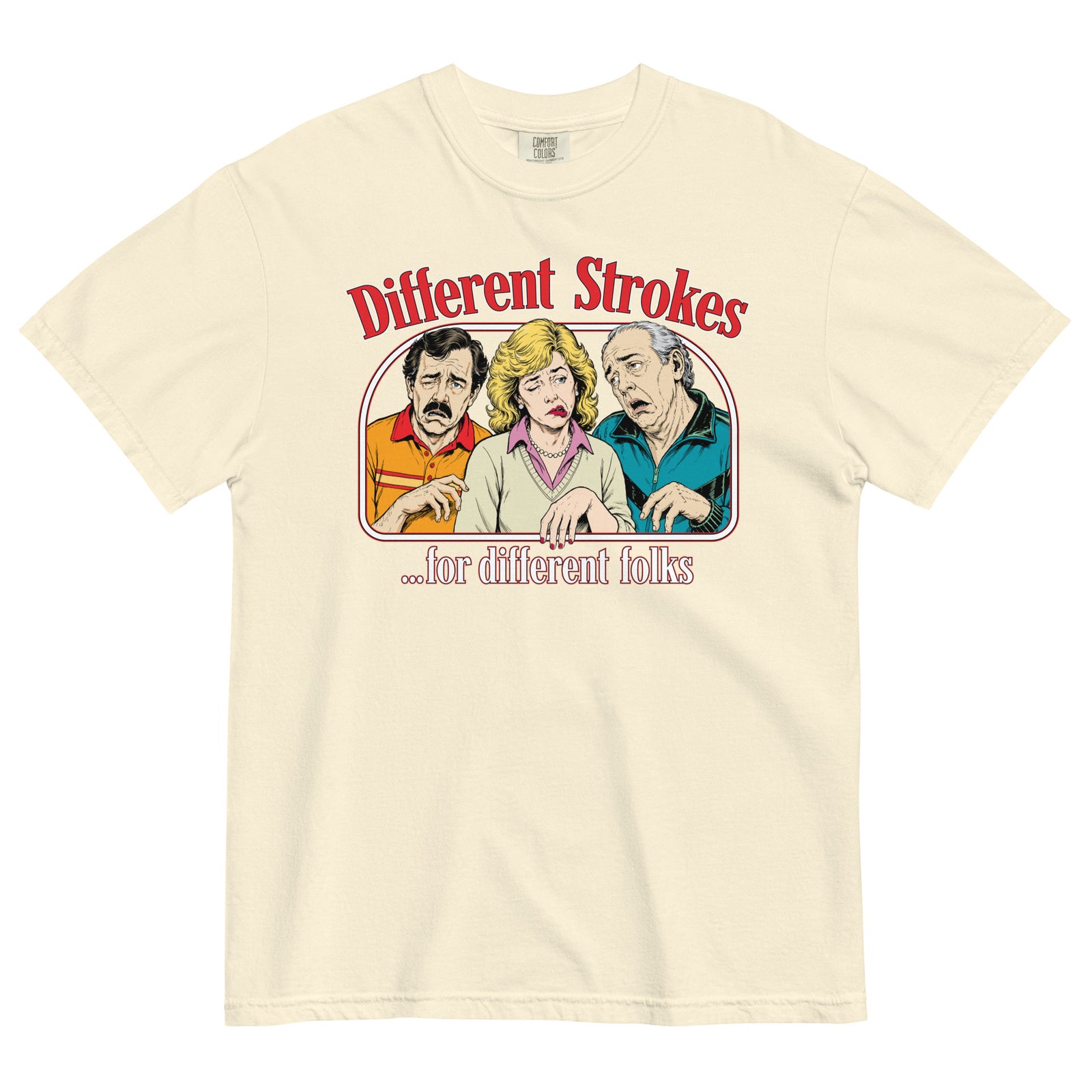 Different Strokes for Different Folks heavyweight T-shirt in ivory with three-person retro graphic, front view