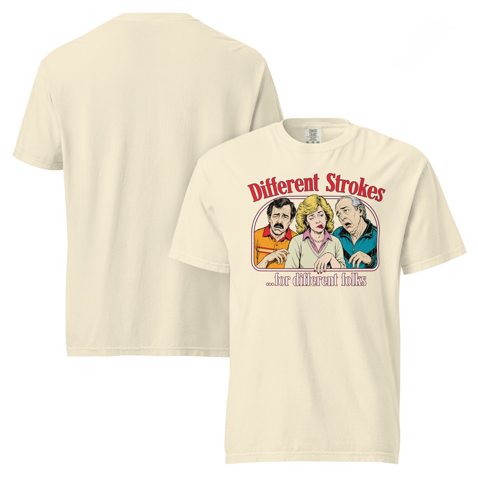 Different Strokes for Different Folks ivory heavyweight T-shirt, front graphic and plain back views