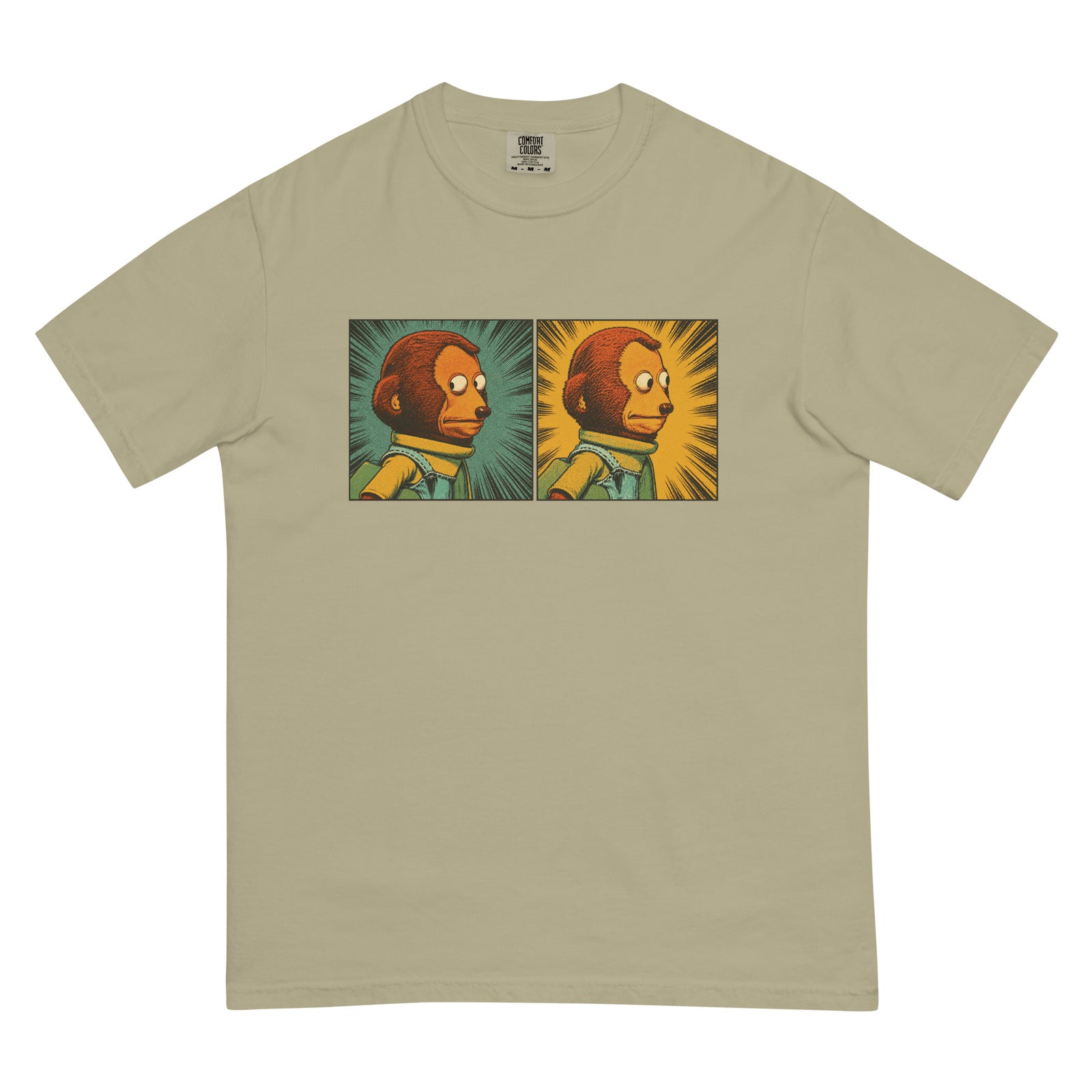 garment-dyed graphic T-shirt featuring a two-panel vintage comic-style monkey making an awkward side-eye expression.