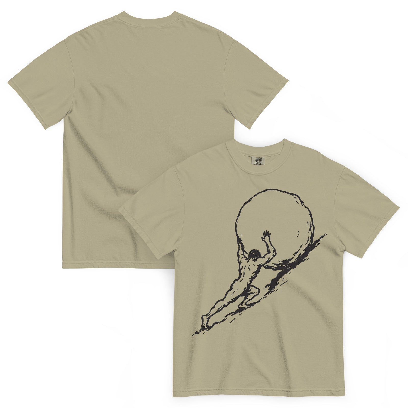 Beige Sisyphus t-shirt with black graphic design on a white background