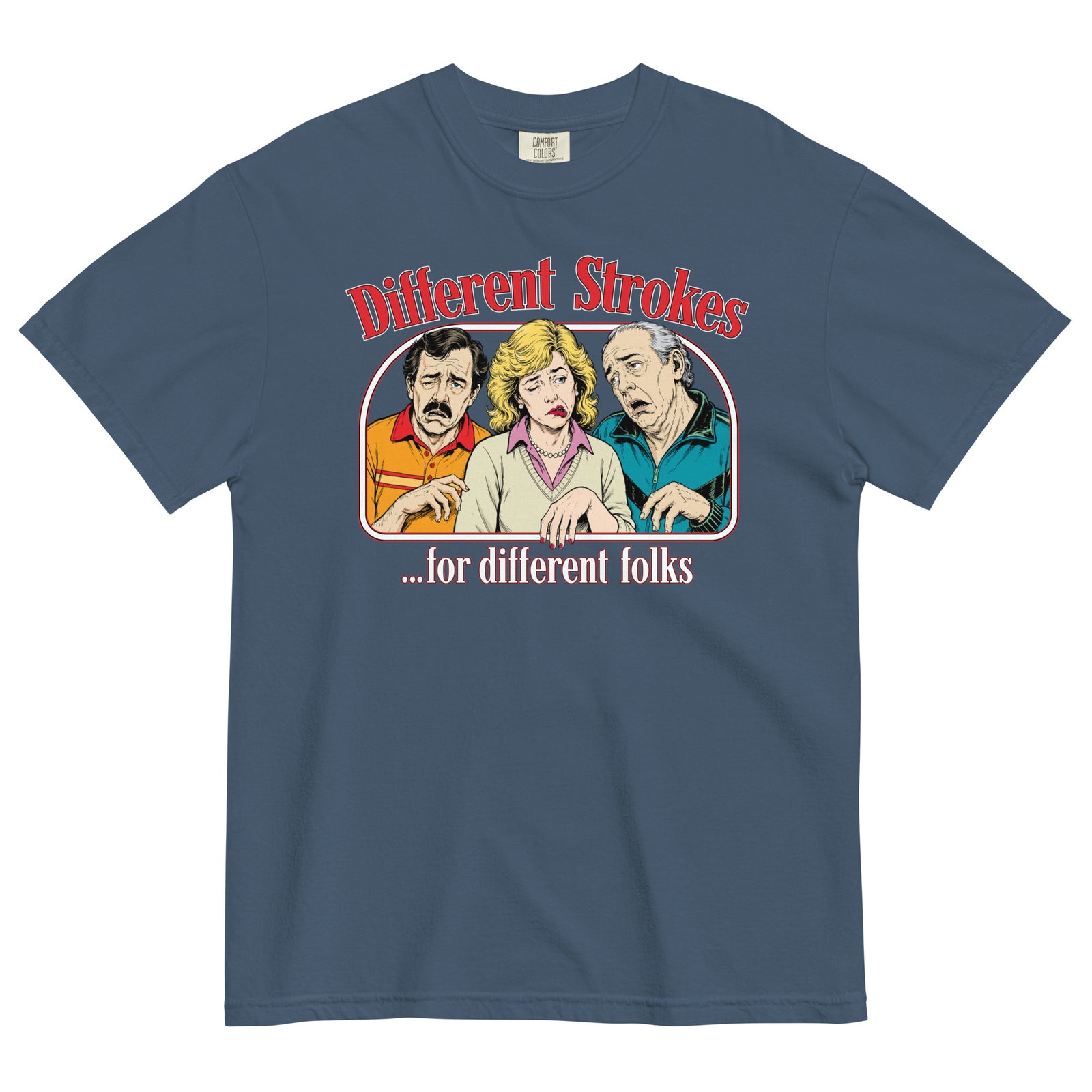 Different Strokes for Different Folks heavyweight T-shirt in midnight with three-person retro graphic, front view