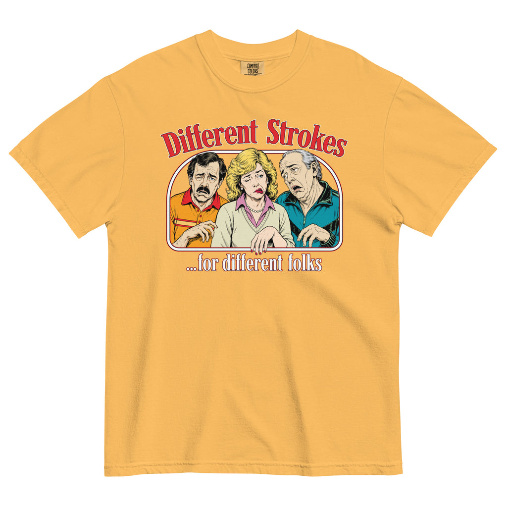 Different Strokes for Different Folks heavyweight T-shirt in mustard with three-person retro graphic, front view
