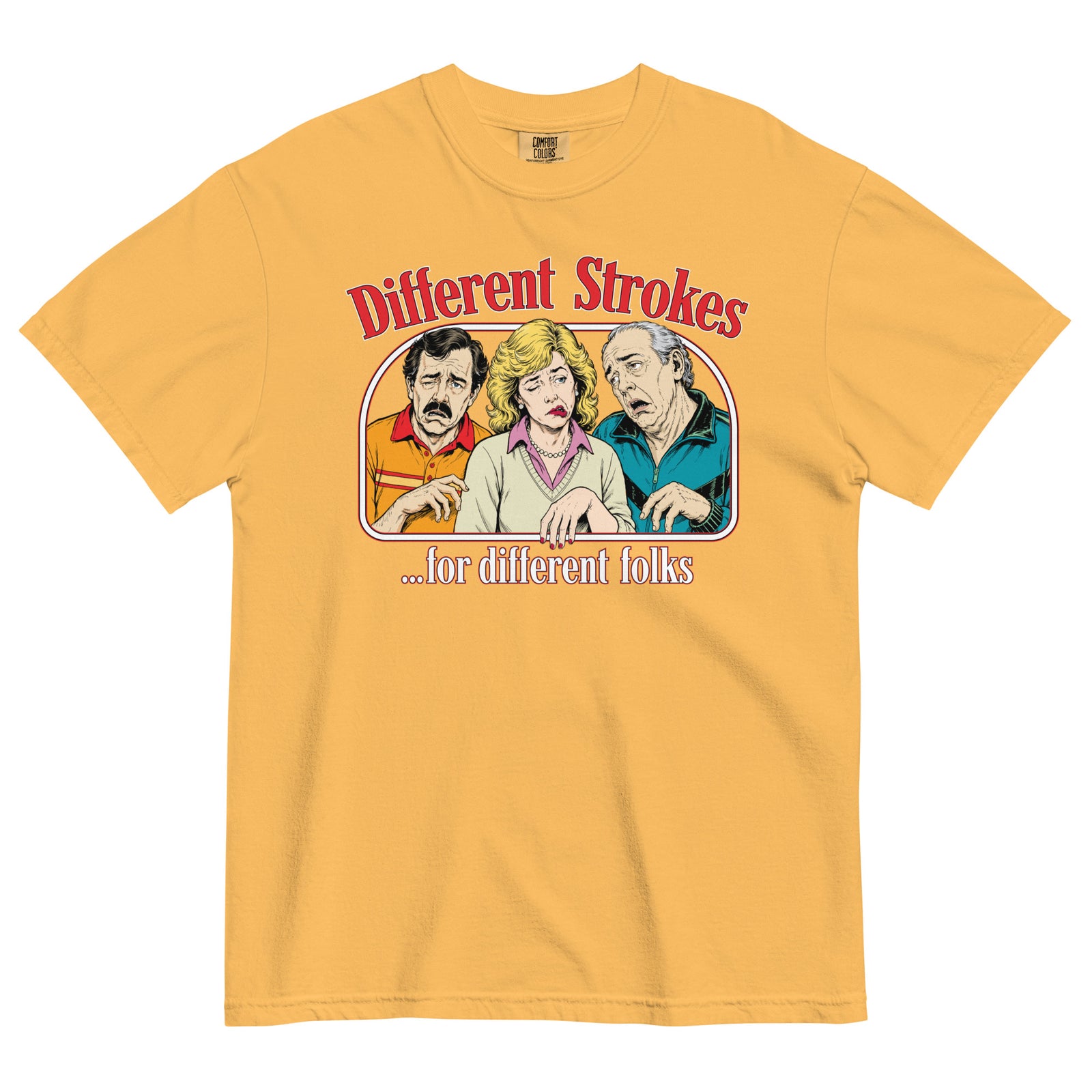 Different Strokes for Different Folks heavyweight T-shirt in mustard with three-person retro graphic, front view