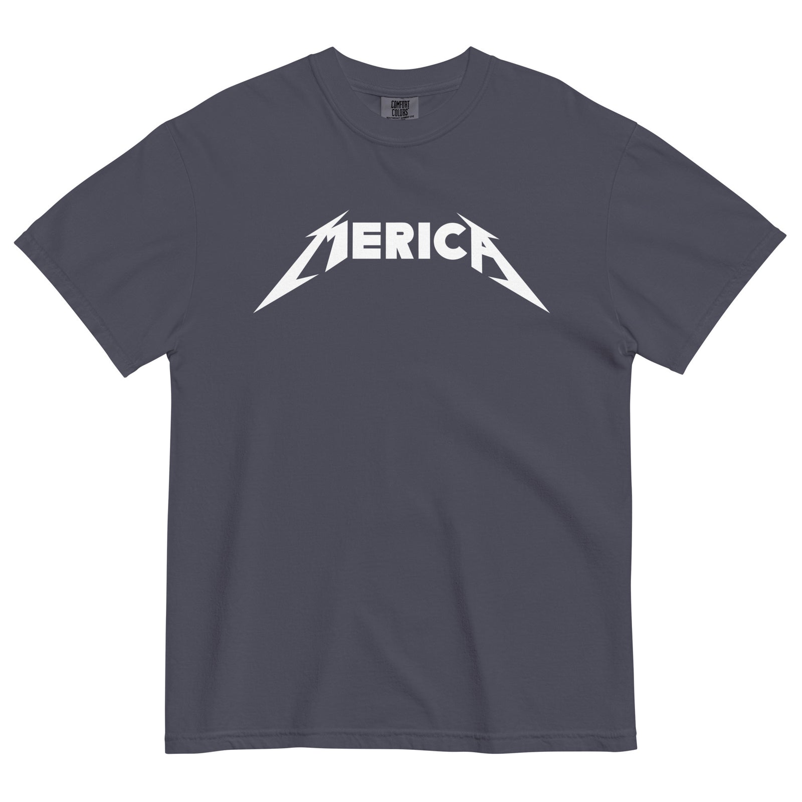 Grey t-shirt with 'Merica' graphic design on a white background