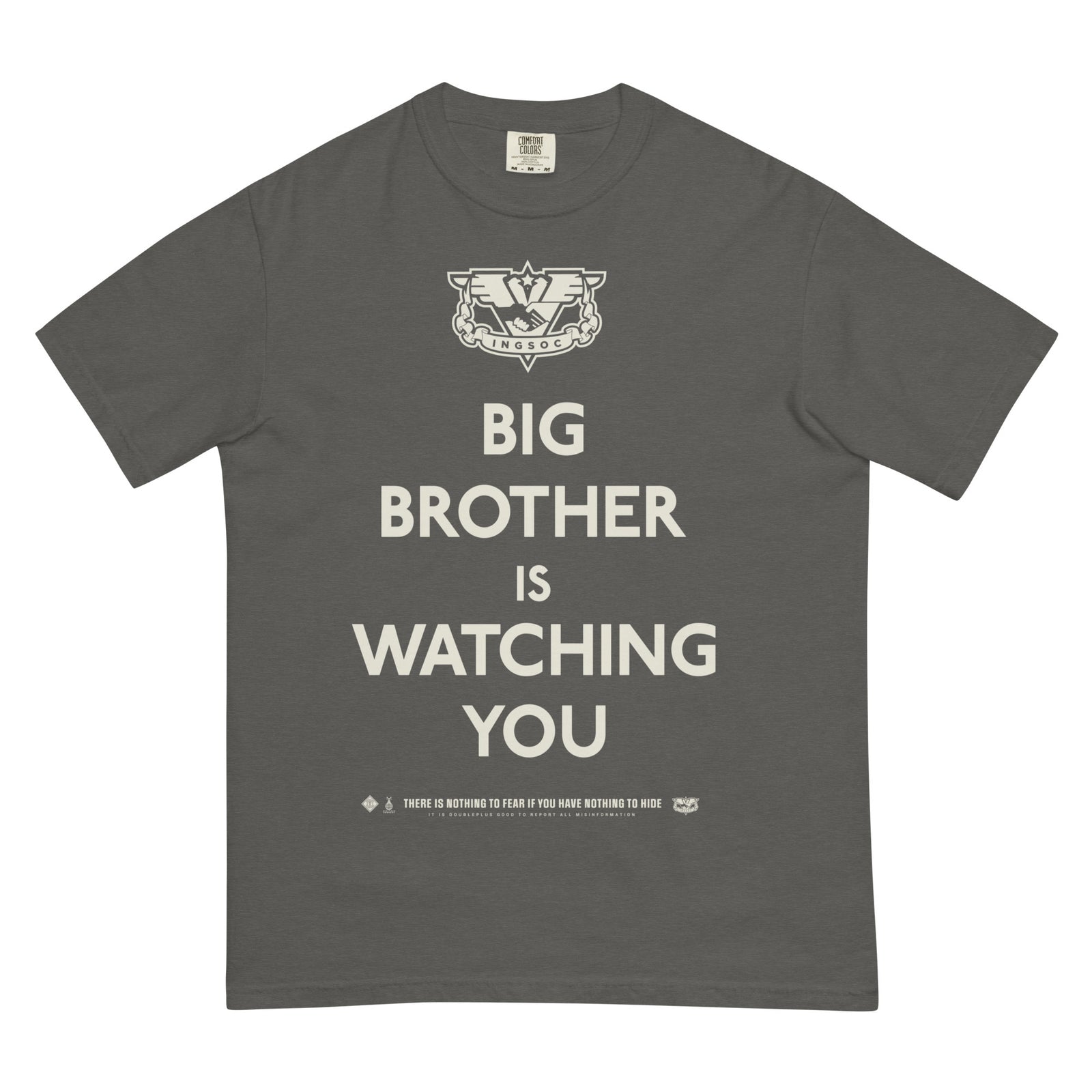 Gray t-shirt with 'Big Brother is Watching You' text and logo on a white background